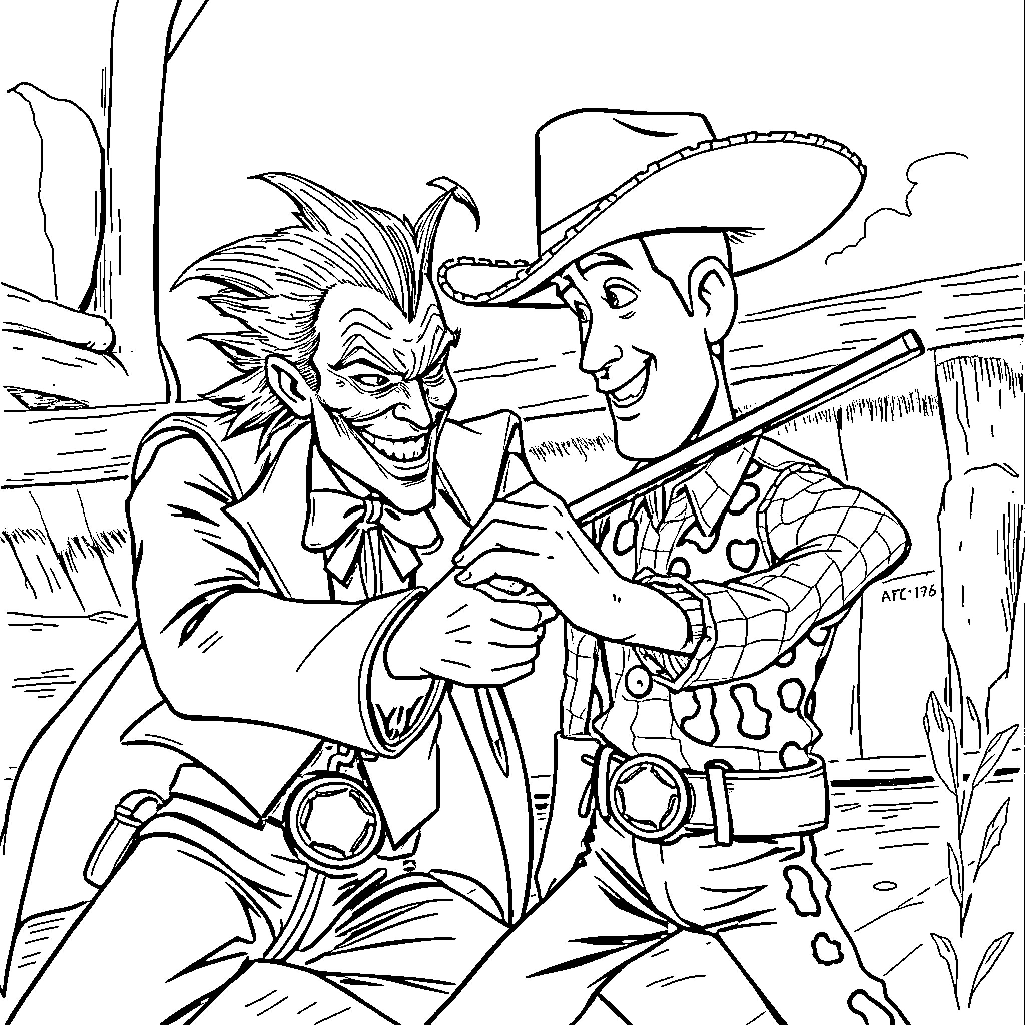 Joker confronting a cowboy character in the wild Coloring Page (free black-and-white line drawing printable PDF for all, from beginners to advanced learners, including children, teens, adults, and seniors)