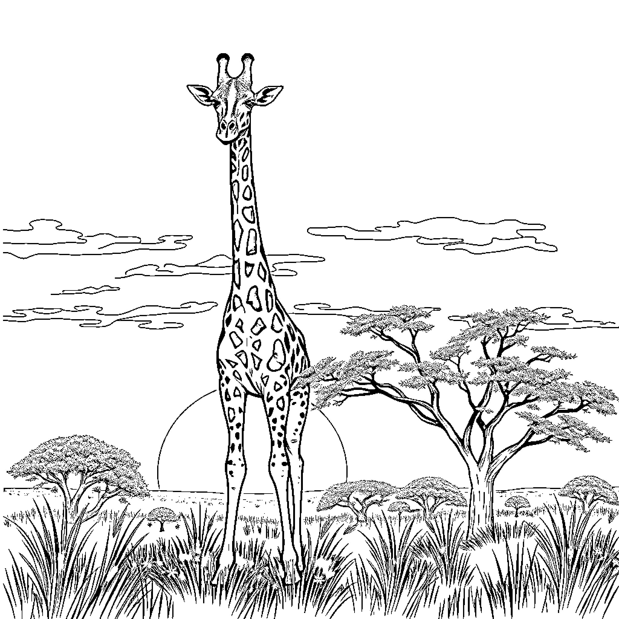 Giraffe standing tall in African savanna landscape Coloring Page (free black-and-white line drawing printable PDF for all, from beginners to advanced learners, including children, teens, adults, and seniors)