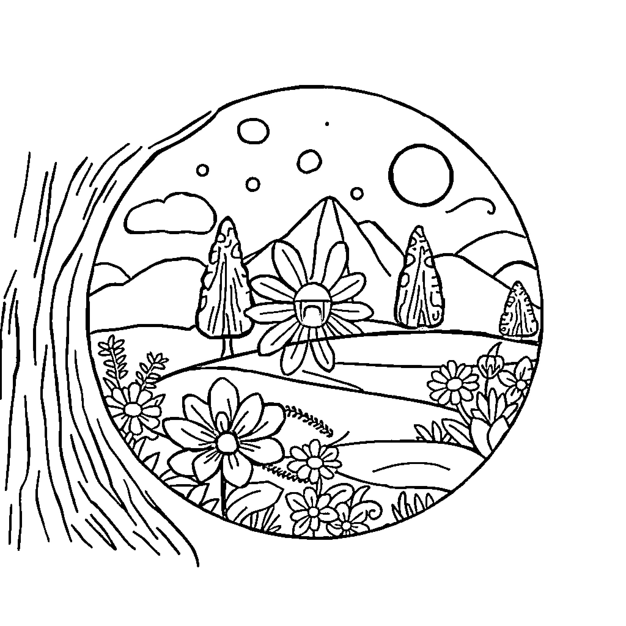 Color By Number Floral Landscape Coloring Page (free black-and-white line drawing printable PDF for all, from beginners to advanced learners, including children, teens, adults, and seniors)