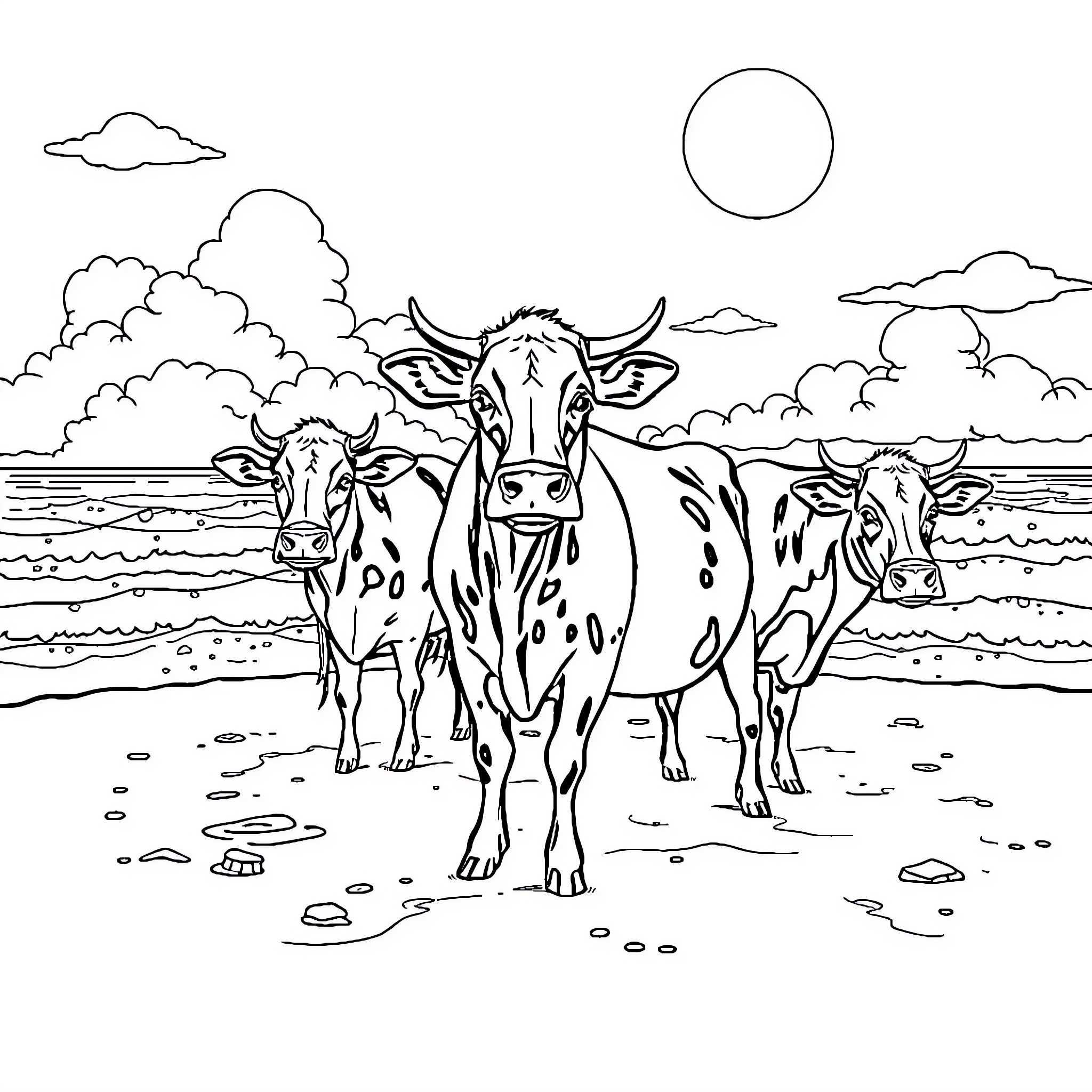 Cow family standing in scenic landscape Coloring Page (free black-and-white line drawing printable PDF for all, from beginners to advanced learners, including children, teens, adults, and seniors)