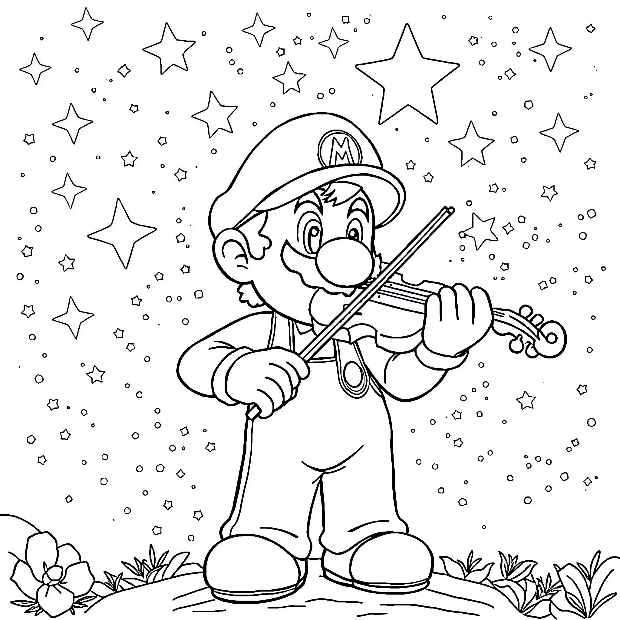 Harmonie's Starry Serenade Coloring Page (free black-and-white line drawing printable PDF for all, from beginners to advanced learners, including children, teens, adults, and seniors)