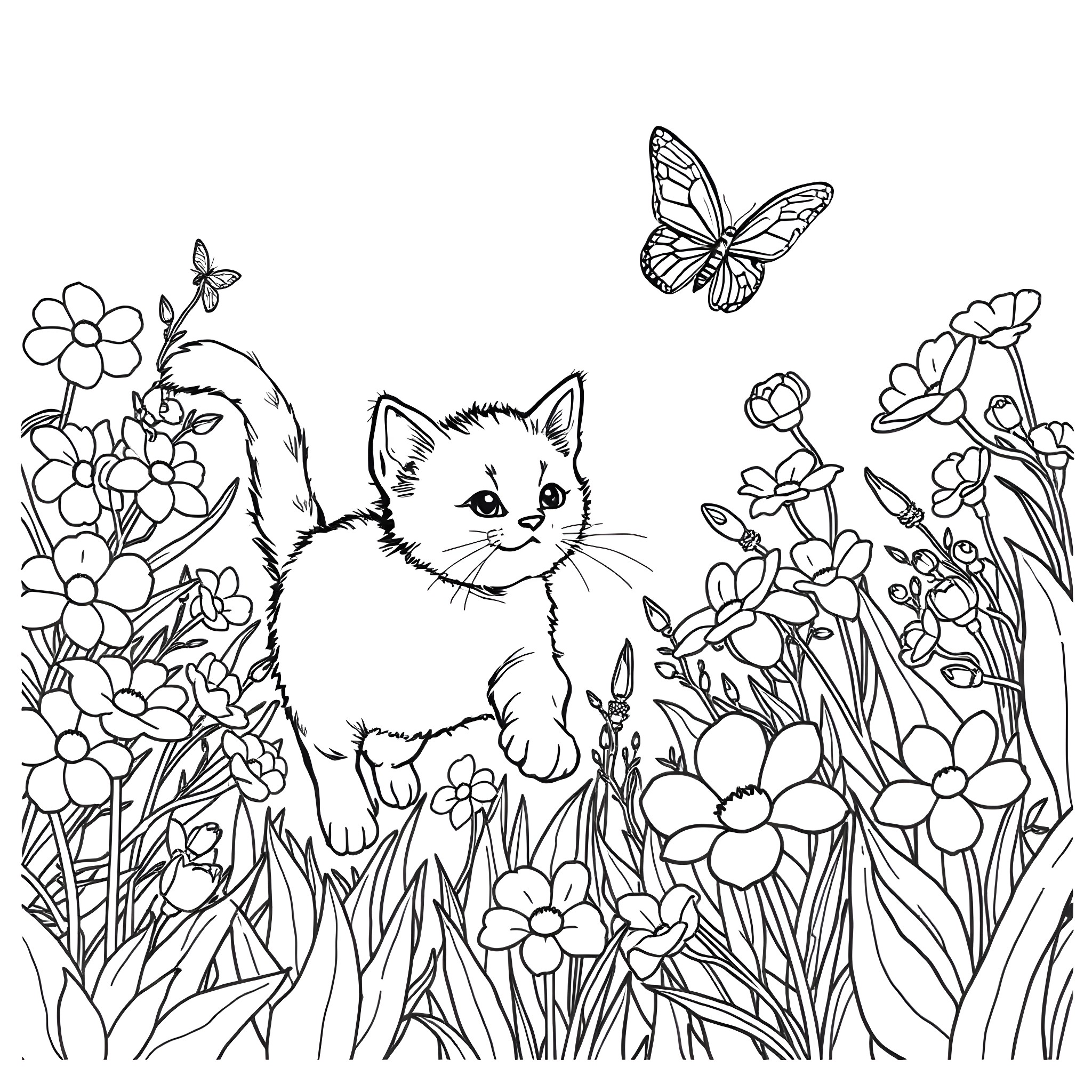 Cat in a floral field with butterflies Coloring Page (free black-and-white line drawing printable PDF for all, from beginners to advanced learners, including children, teens, adults, and seniors)
