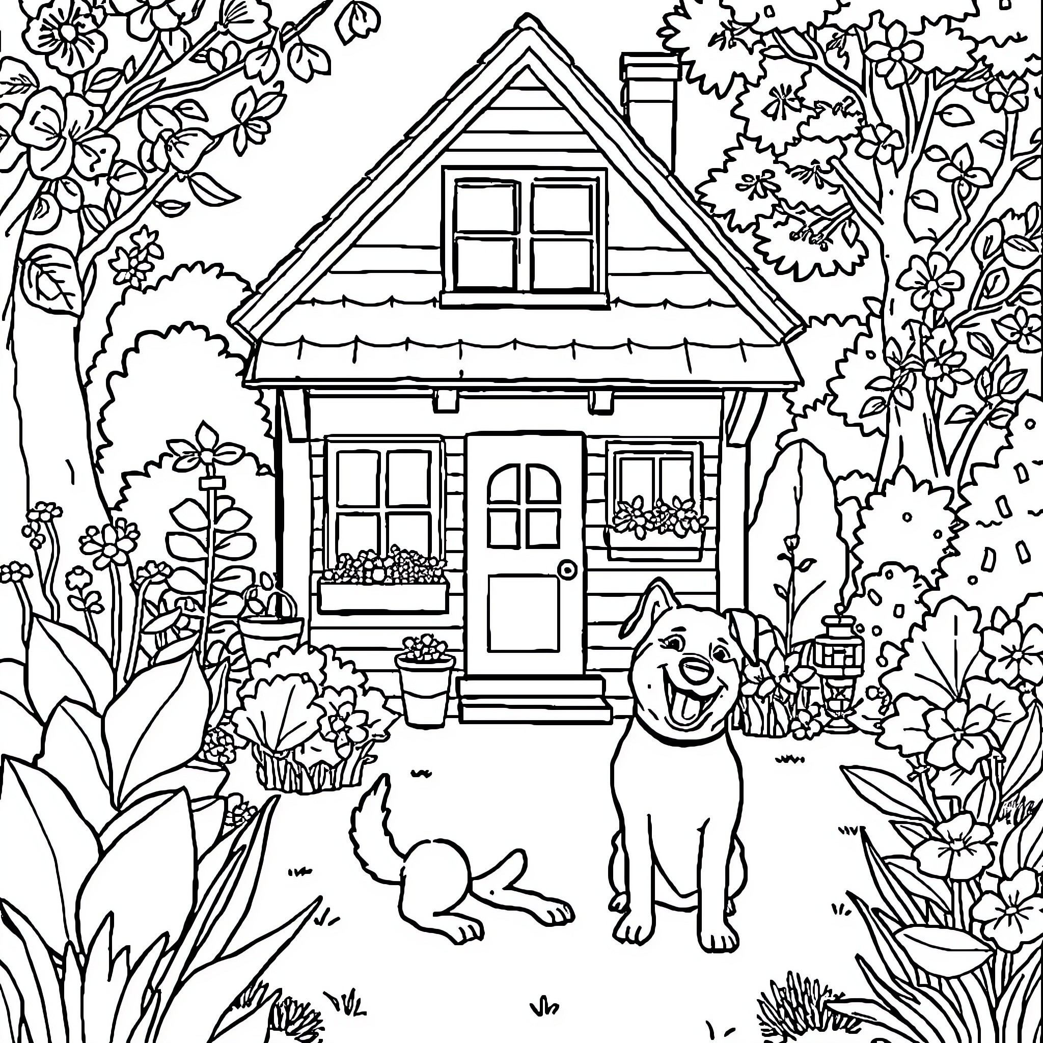 House with a Cheerful Pet in Lush Garden Coloring Page (free black-and-white line drawing printable PDF for all, from beginners to advanced learners, including children, teens, adults, and seniors)