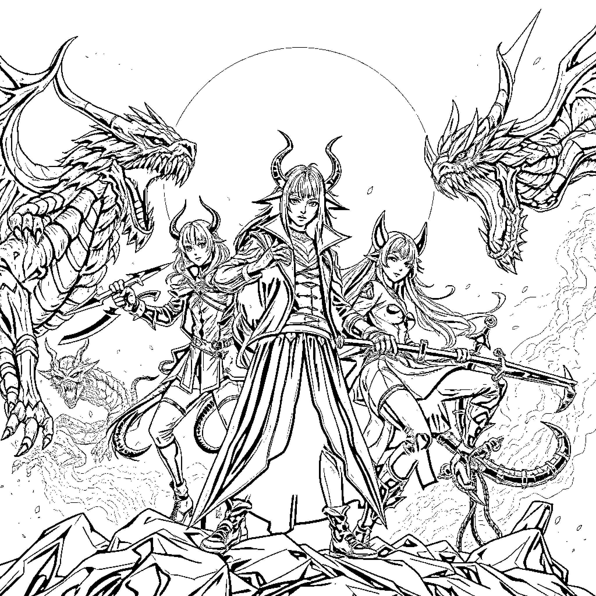 Demon Hunter warriors fighting fierce dragons Coloring Page (free black-and-white line drawing printable PDF for all, from beginners to advanced learners, including children, teens, adults, and seniors)