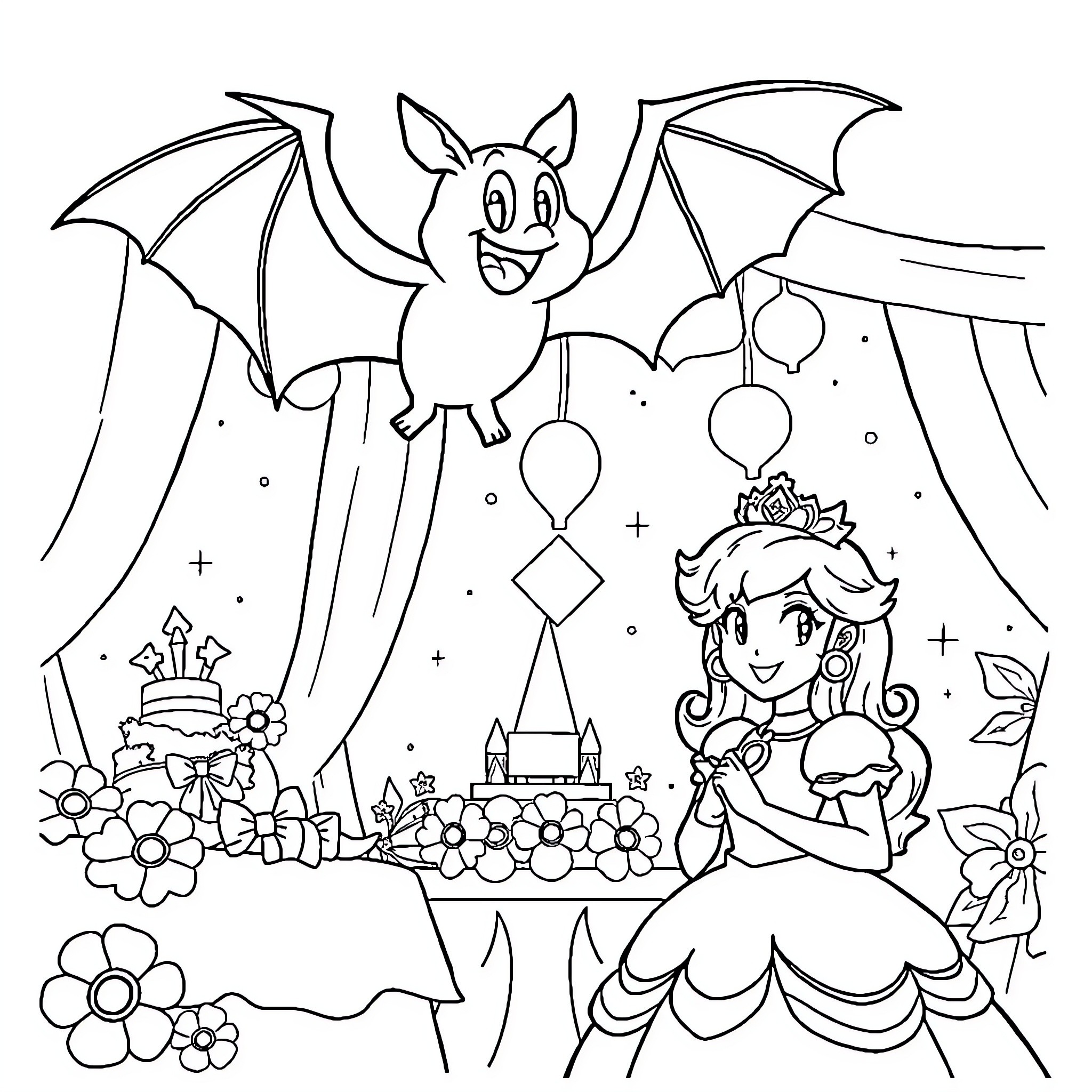 Bat and Princess in Enchanted Fairy Tale Landscape Coloring Page (free black-and-white line drawing printable PDF for all, from beginners to advanced learners, including children, teens, adults, and seniors)