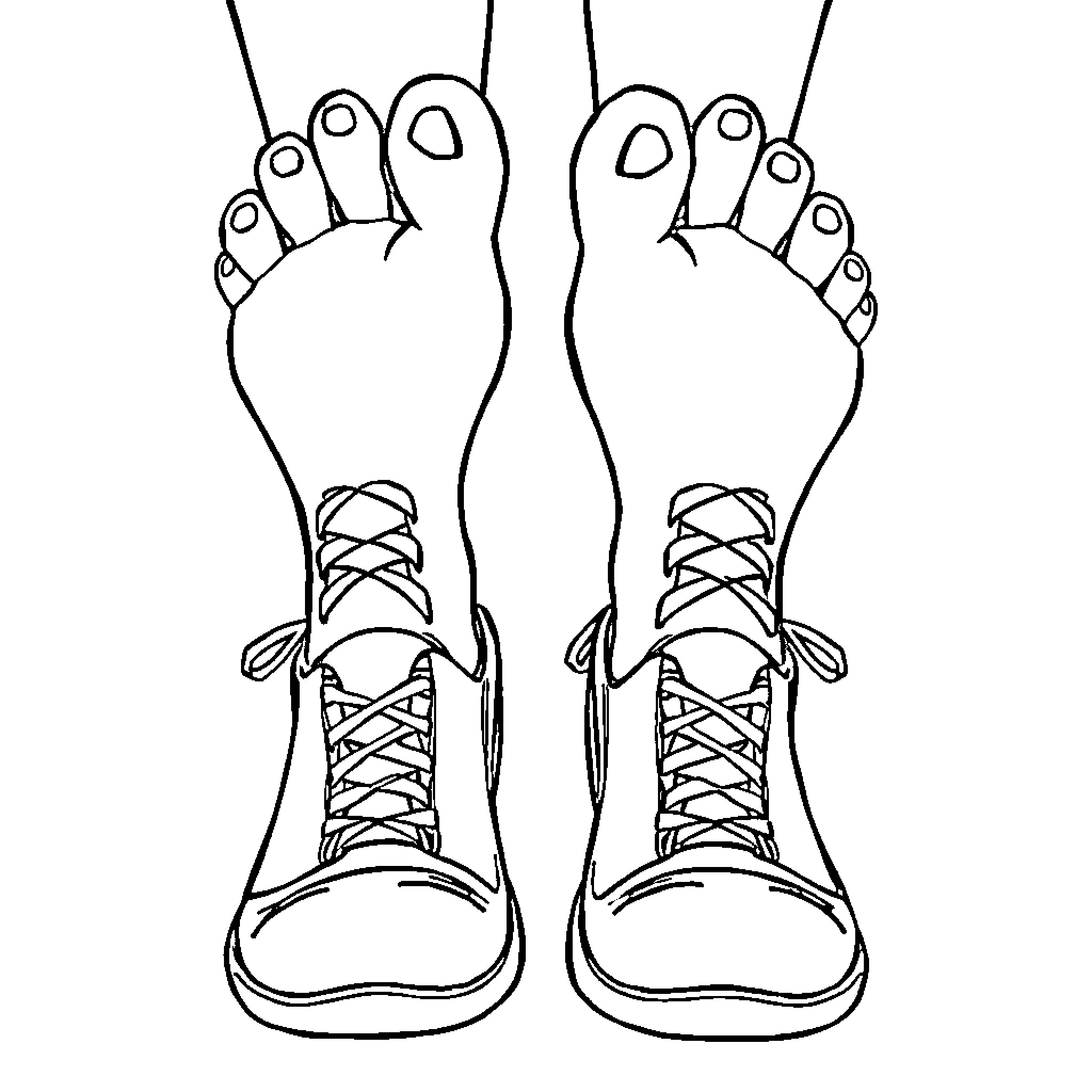Toe Trekking Toes in Tidy Trainers Coloring Page (free black-and-white line drawing printable PDF for all, from beginners to advanced learners, including children, teens, adults, and seniors)