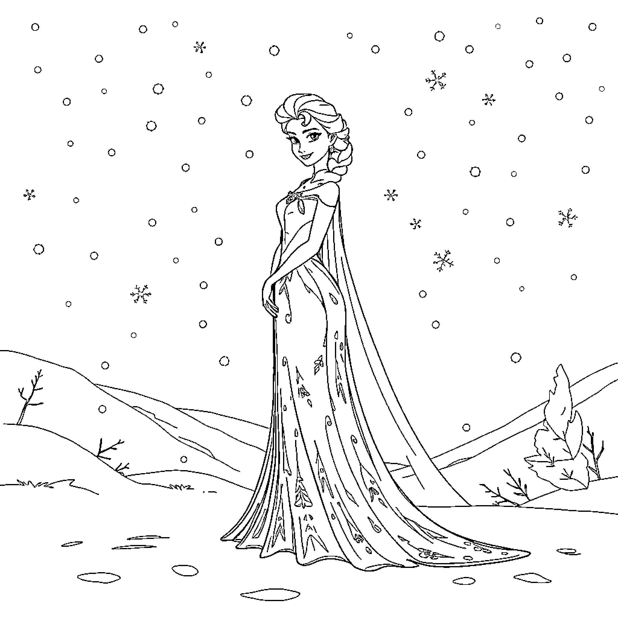 Elsa's Snowy Enchantment Coloring Page (free black-and-white line drawing printable PDF for all, from beginners to advanced learners, including children, teens, adults, and seniors)