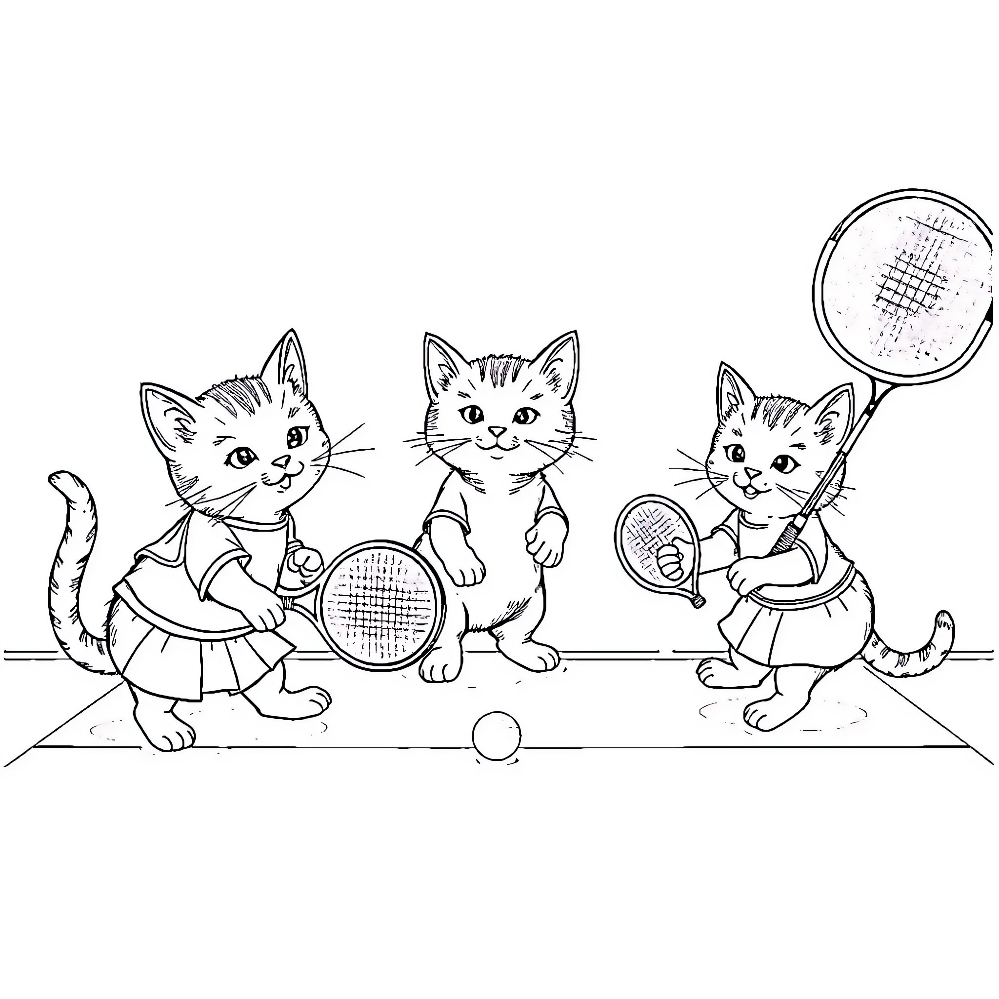 Cat tennis match with rackets and ball Coloring Page (free black-and-white line drawing printable PDF for all, from beginners to advanced learners, including children, teens, adults, and seniors)