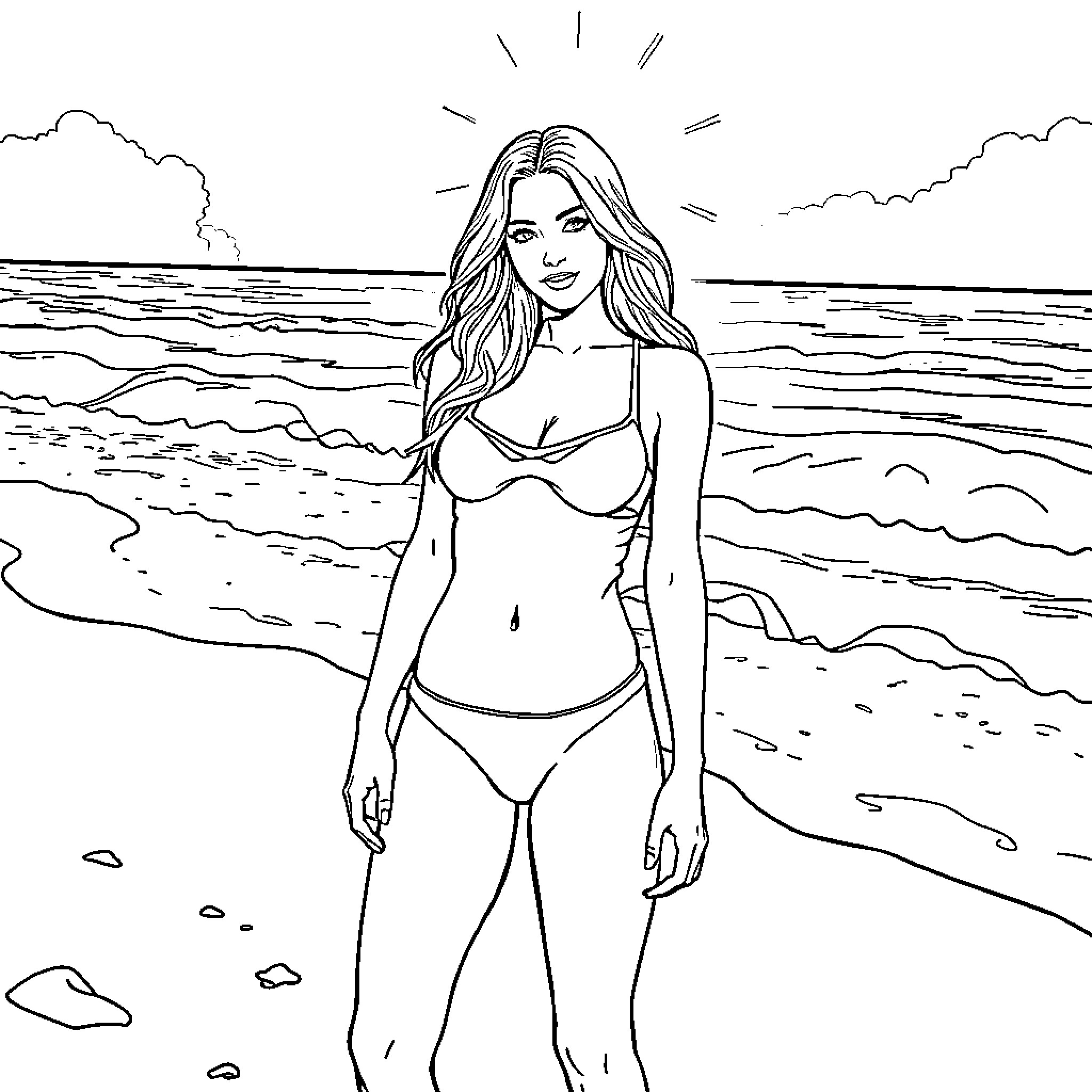 Megan Fox posing confidently on the beach Coloring Page (free black-and-white line drawing printable PDF for all, from beginners to advanced learners, including children, teens, adults, and seniors)