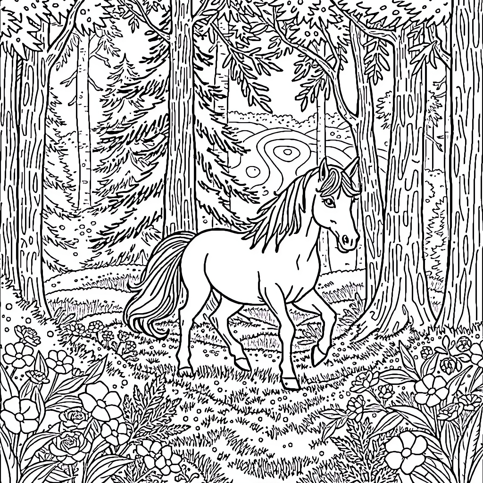 Unicorn walking gracefully through the enchanted forest Coloring Page (free black-and-white line drawing printable PDF for all, from beginners to advanced learners, including children, teens, adults, and seniors)