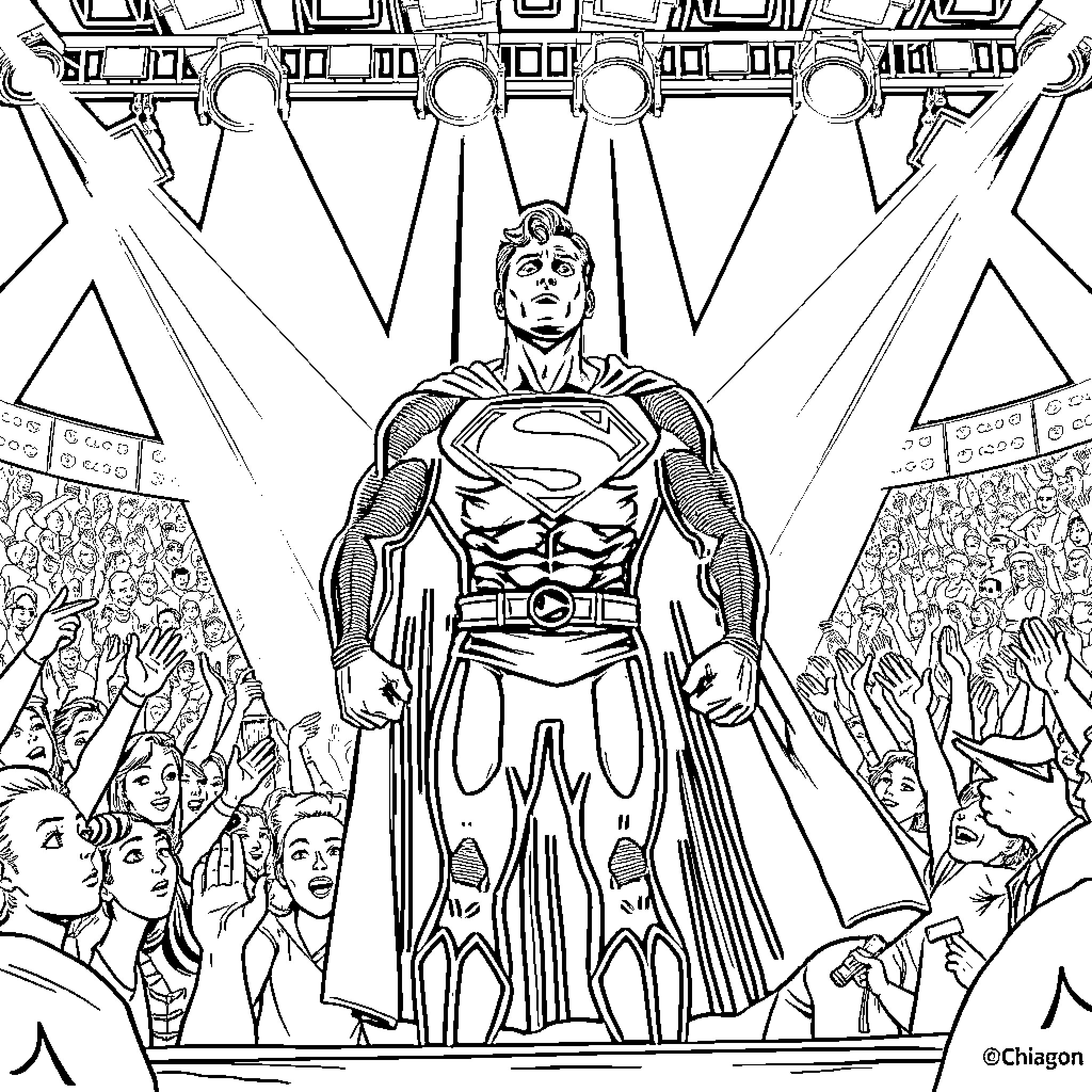 Superman Stands Heroically Amidst Cheering Crowd Coloring Page (free black-and-white line drawing printable PDF for all, from beginners to advanced learners, including children, teens, adults, and seniors)