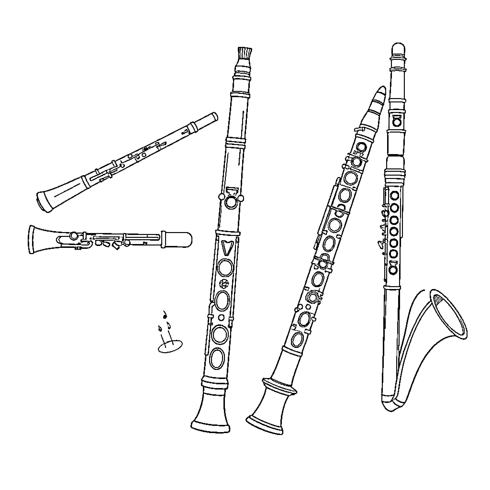 Woodwind Instruments in Musical Harmony Coloring Page (free black-and-white line drawing printable PDF for all, from beginners to advanced learners, including children, teens, adults, and seniors)