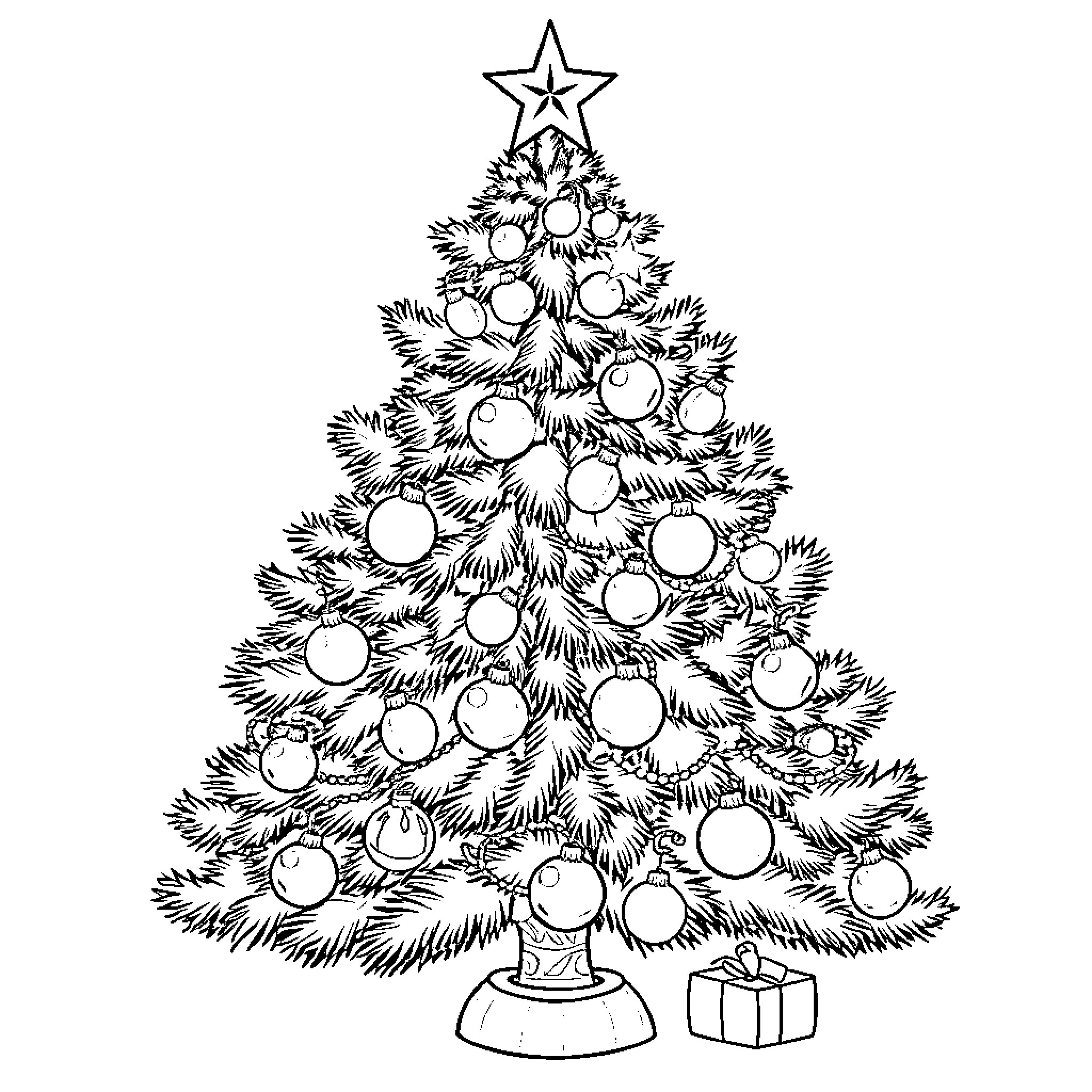 Christmas Tree decorated with ornaments and star Coloring Page (free black-and-white line drawing printable PDF for all, from beginners to advanced learners, including children, teens, adults, and seniors)