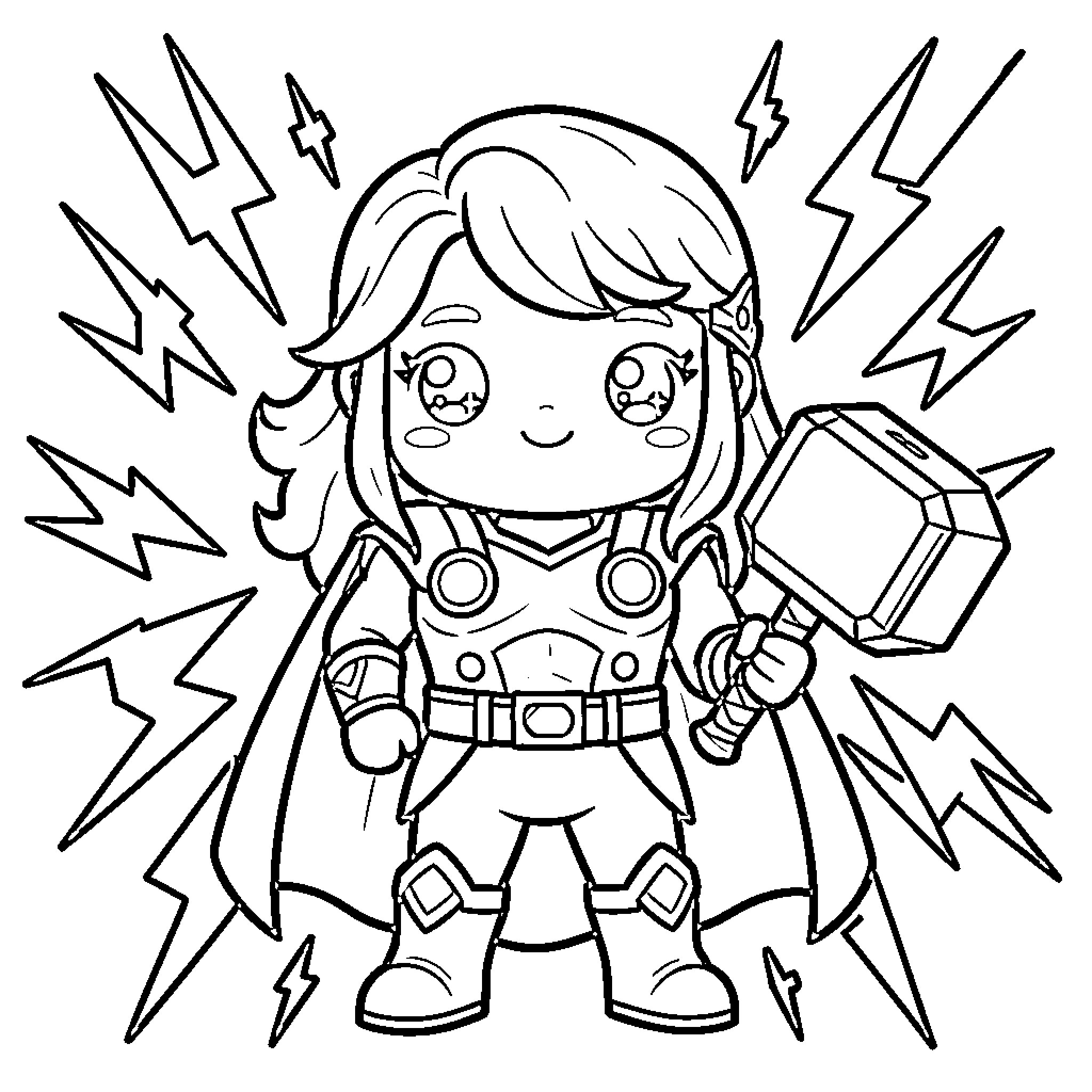 Thor Wielding Mighty Hammer in Heroic Pose Coloring Page (free black-and-white line drawing printable PDF for all, from beginners to advanced learners, including children, teens, adults, and seniors)