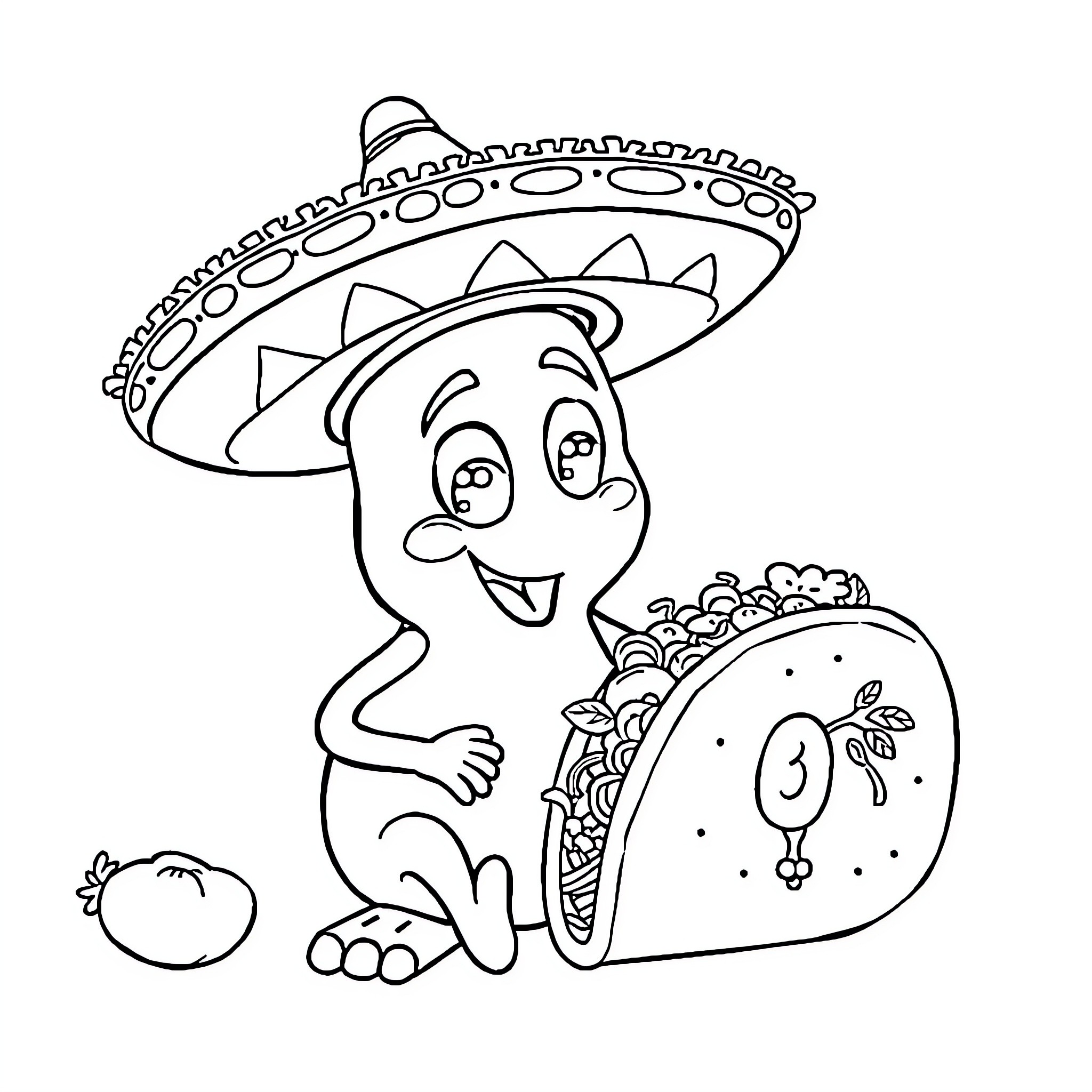 Brainrot: Cartoon character in sombrero enjoying taco Coloring Page (free black-and-white line drawing printable PDF for all, from beginners to advanced learners, including children, teens, adults, and seniors)