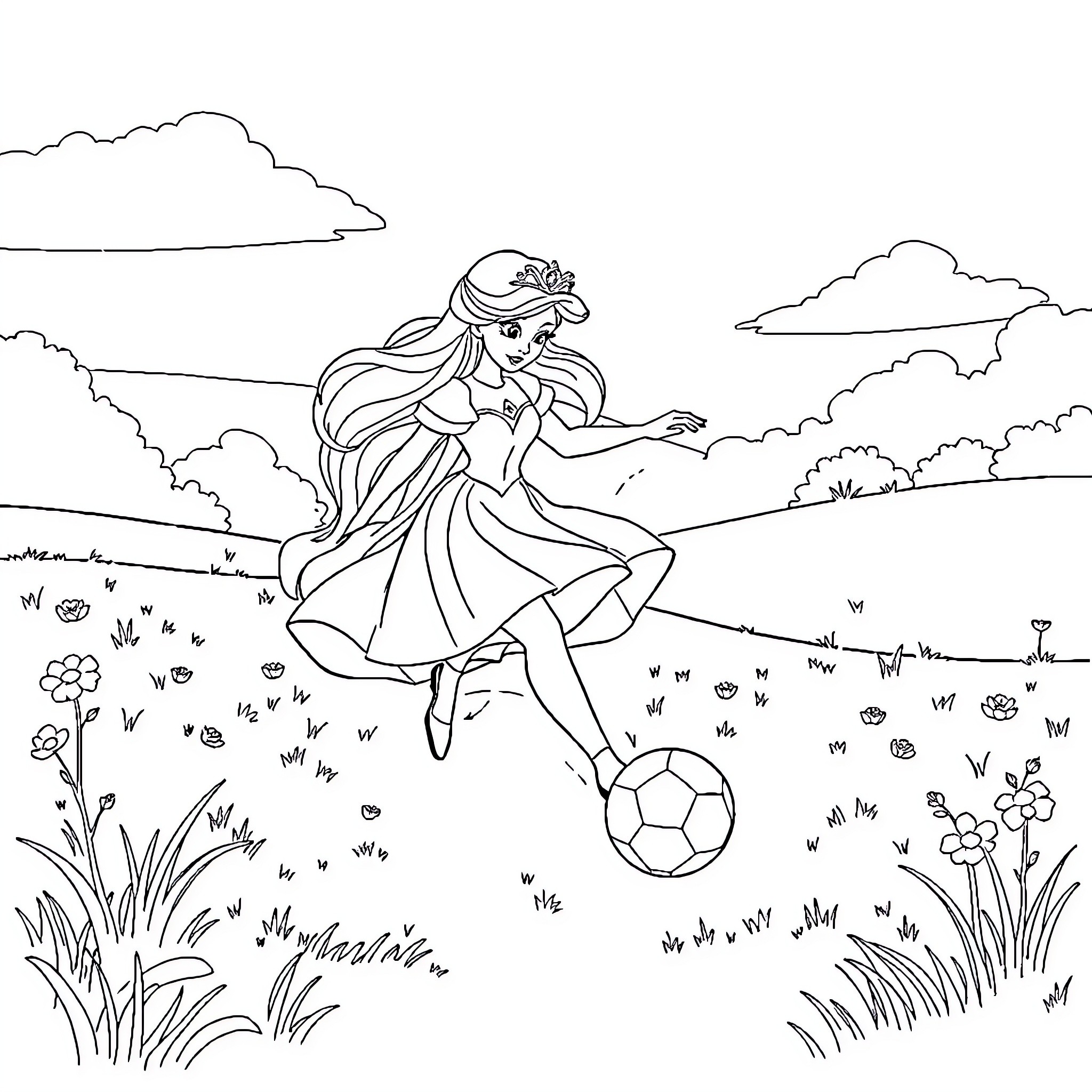 Prince Plays Soccer in the Meadow Coloring Page (free black-and-white line drawing printable PDF for all, from beginners to advanced learners, including children, teens, adults, and seniors)