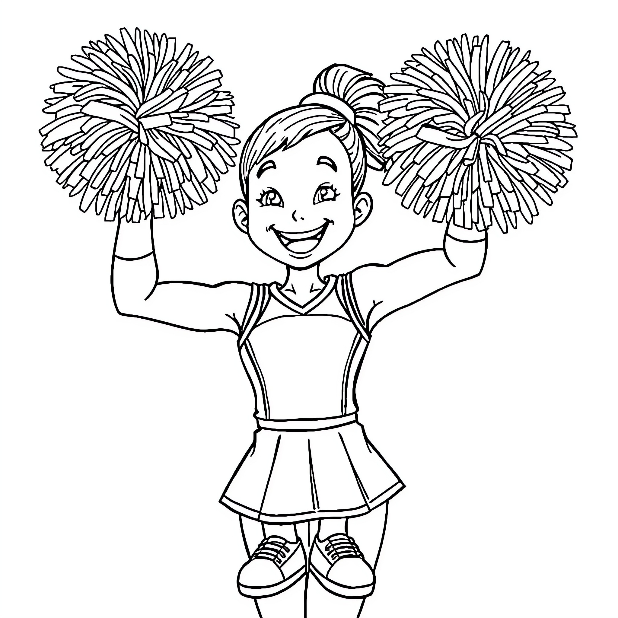Cheerleader with pom-poms performing Coloring Page (free black-and-white line drawing printable PDF for all, from beginners to advanced learners, including children, teens, adults, and seniors)