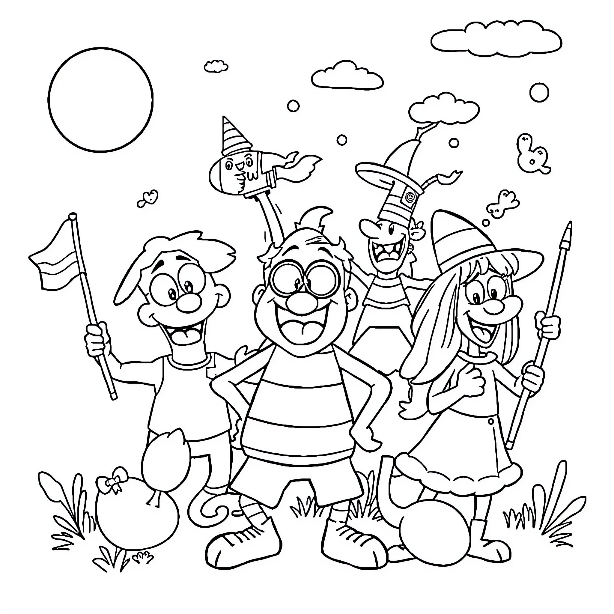 Cartoon Group of Friends Celebrating with Flags and Instruments Coloring Page (free black-and-white line drawing printable PDF for all, from beginners to advanced learners, including children, teens, adults, and seniors)