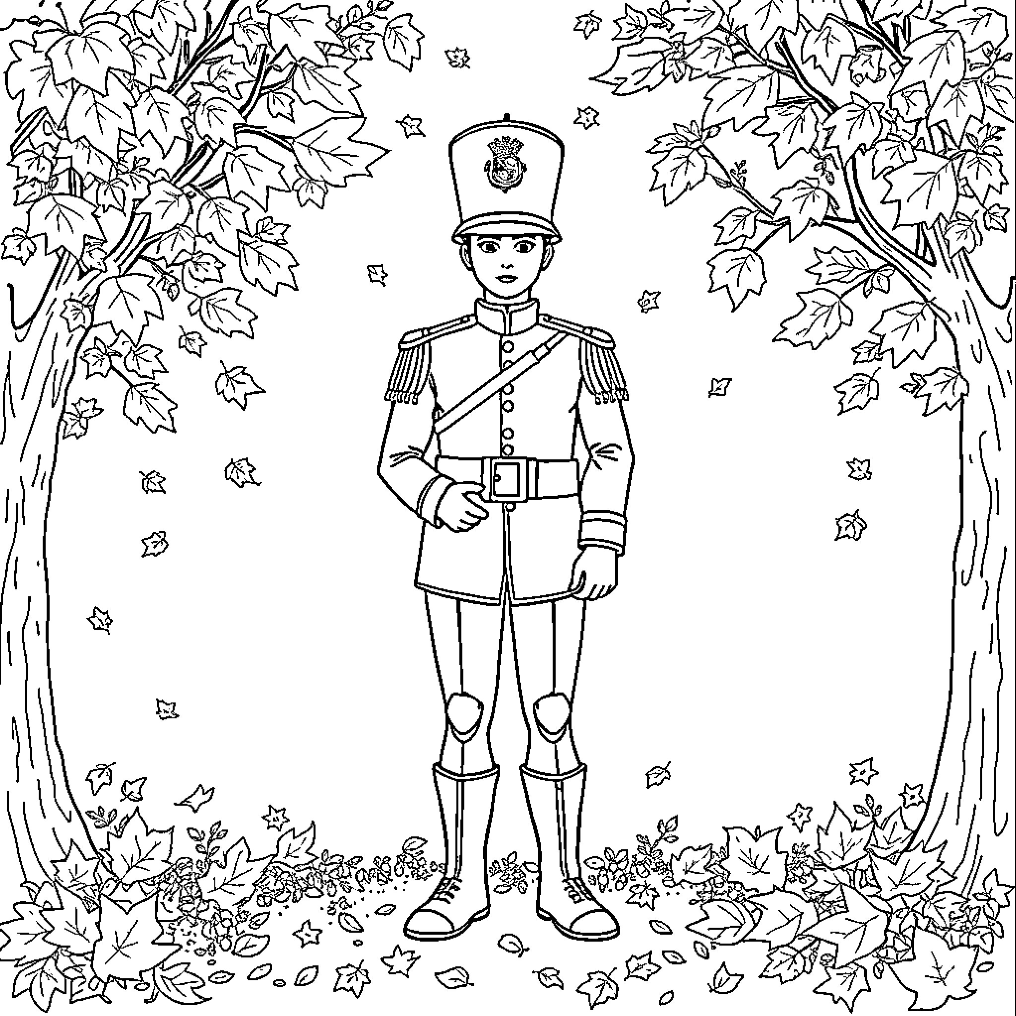 Guard standing vigilant amidst autumn foliage Coloring Page (free black-and-white line drawing printable PDF for all, from beginners to advanced learners, including children, teens, adults, and seniors)