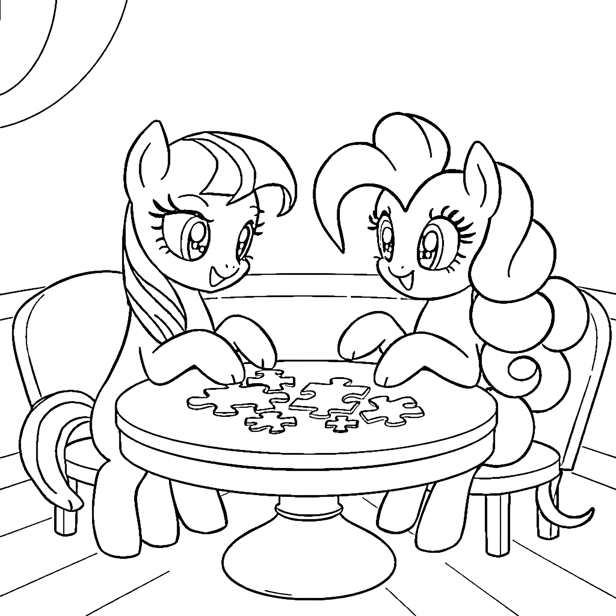 Pony friends assembling puzzle together Coloring Page (free black-and-white line drawing printable PDF for all, from beginners to advanced learners, including children, teens, adults, and seniors)