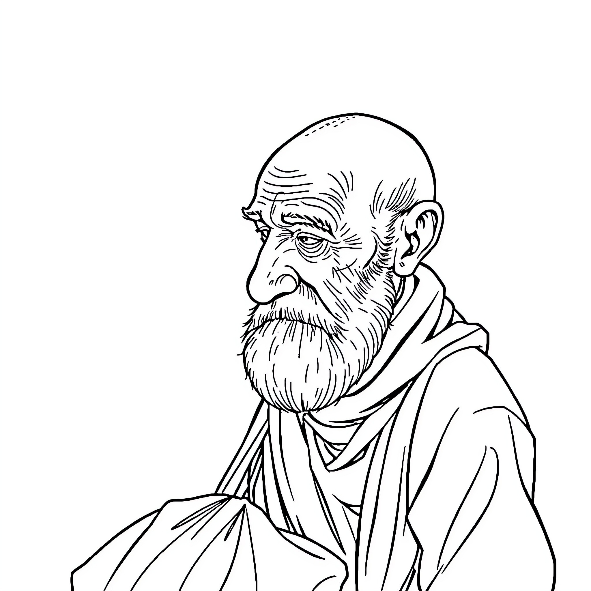 Man with wise expression in thoughtful pose Coloring Page (free black-and-white line drawing printable PDF for all, from beginners to advanced learners, including children, teens, adults, and seniors)