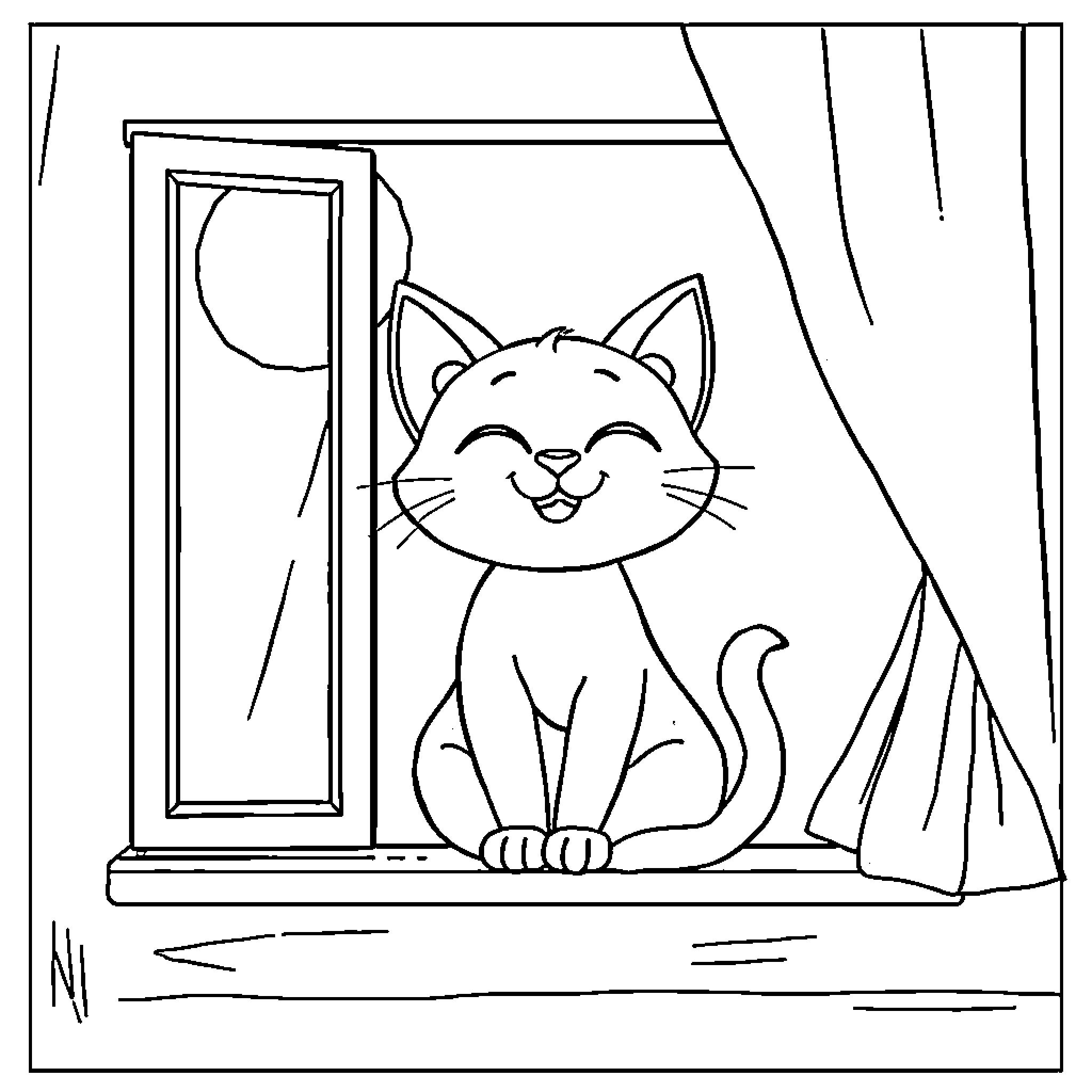 Cat gazing happily out of the window Coloring Page (free black-and-white line drawing printable PDF for all, from beginners to advanced learners, including children, teens, adults, and seniors)
