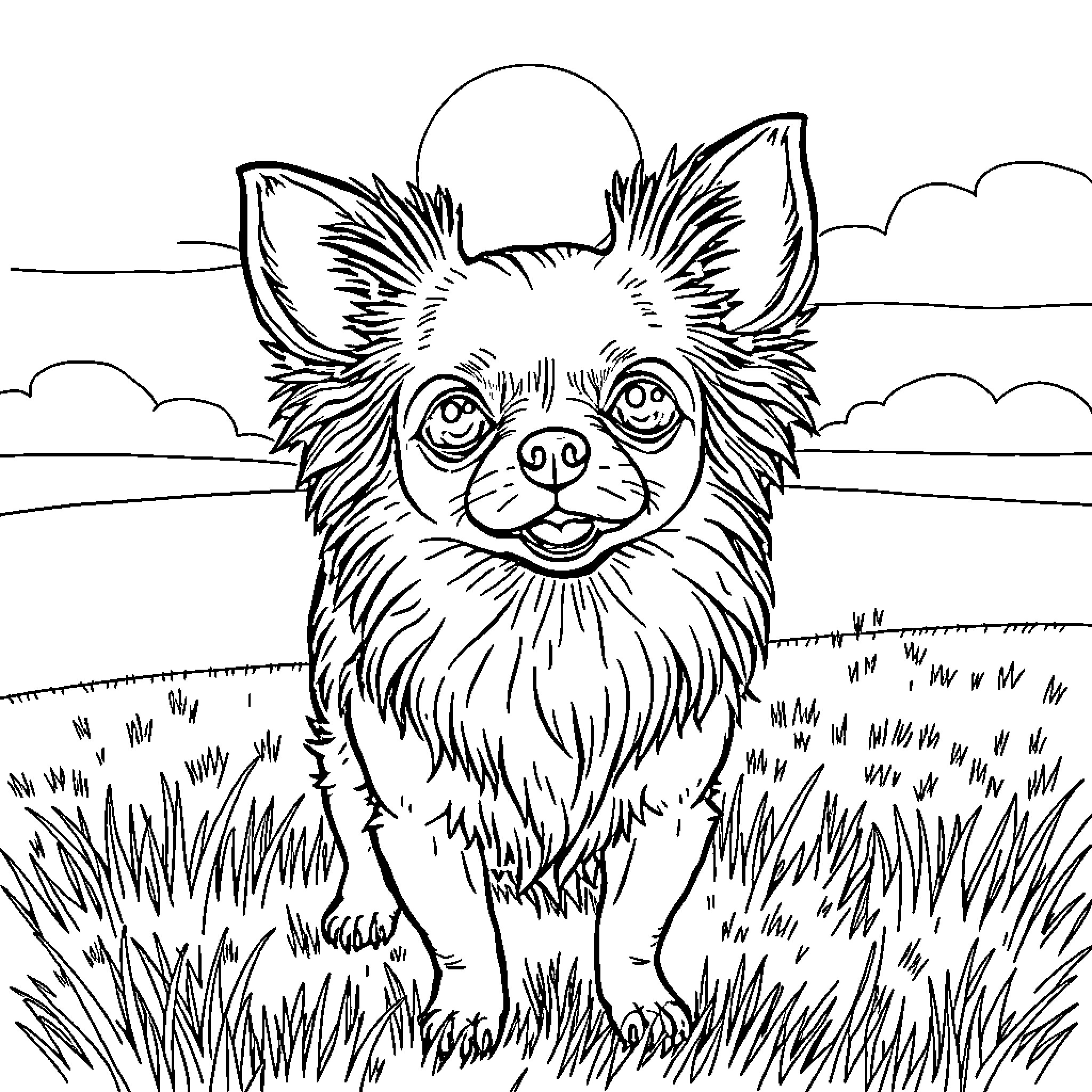 Chihuahua enjoying the outdoors Coloring Page (free black-and-white line drawing printable PDF for all, from beginners to advanced learners, including children, teens, adults, and seniors)