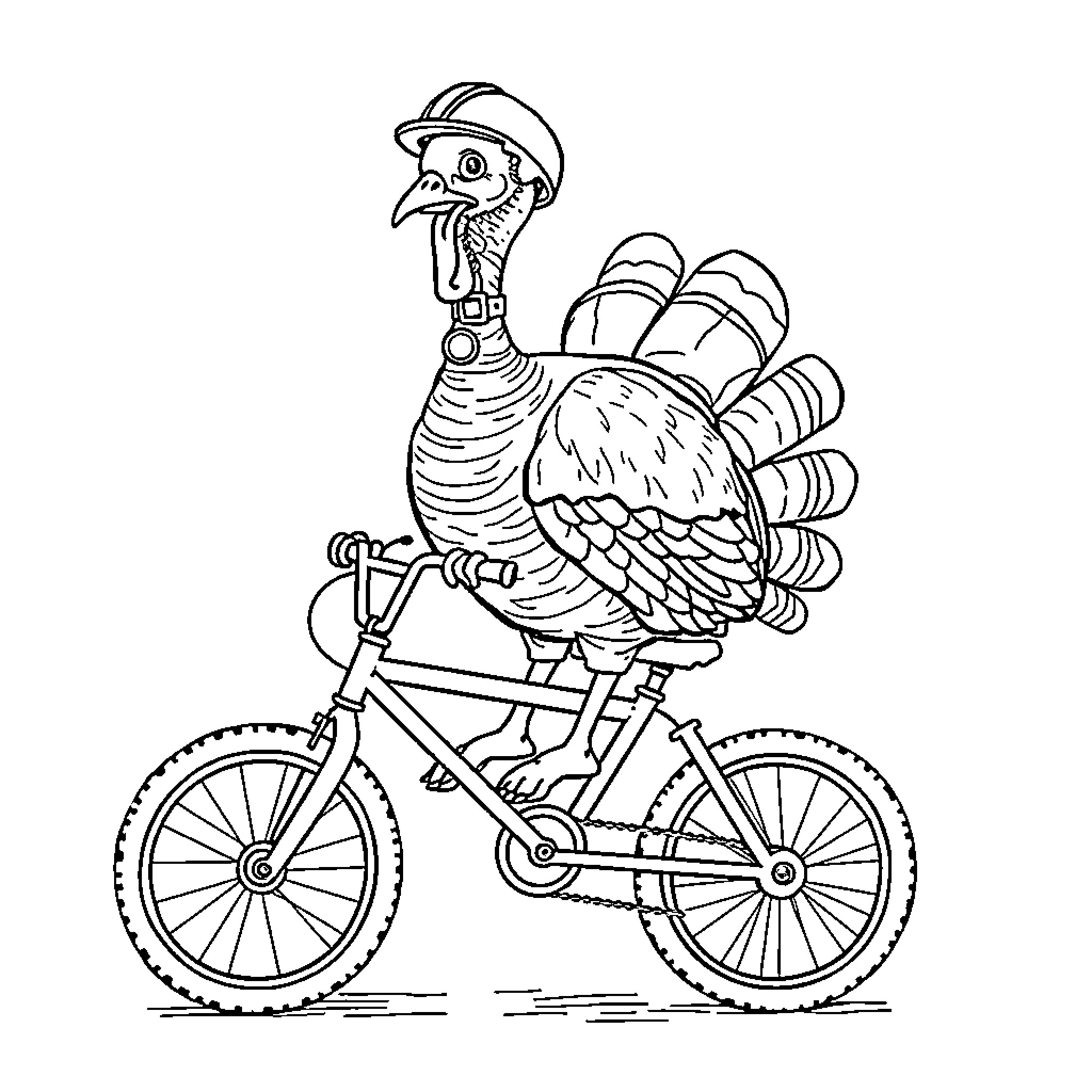 Turkey riding a bicycle Coloring Page (free black-and-white line drawing printable PDF for all, from beginners to advanced learners, including children, teens, adults, and seniors)