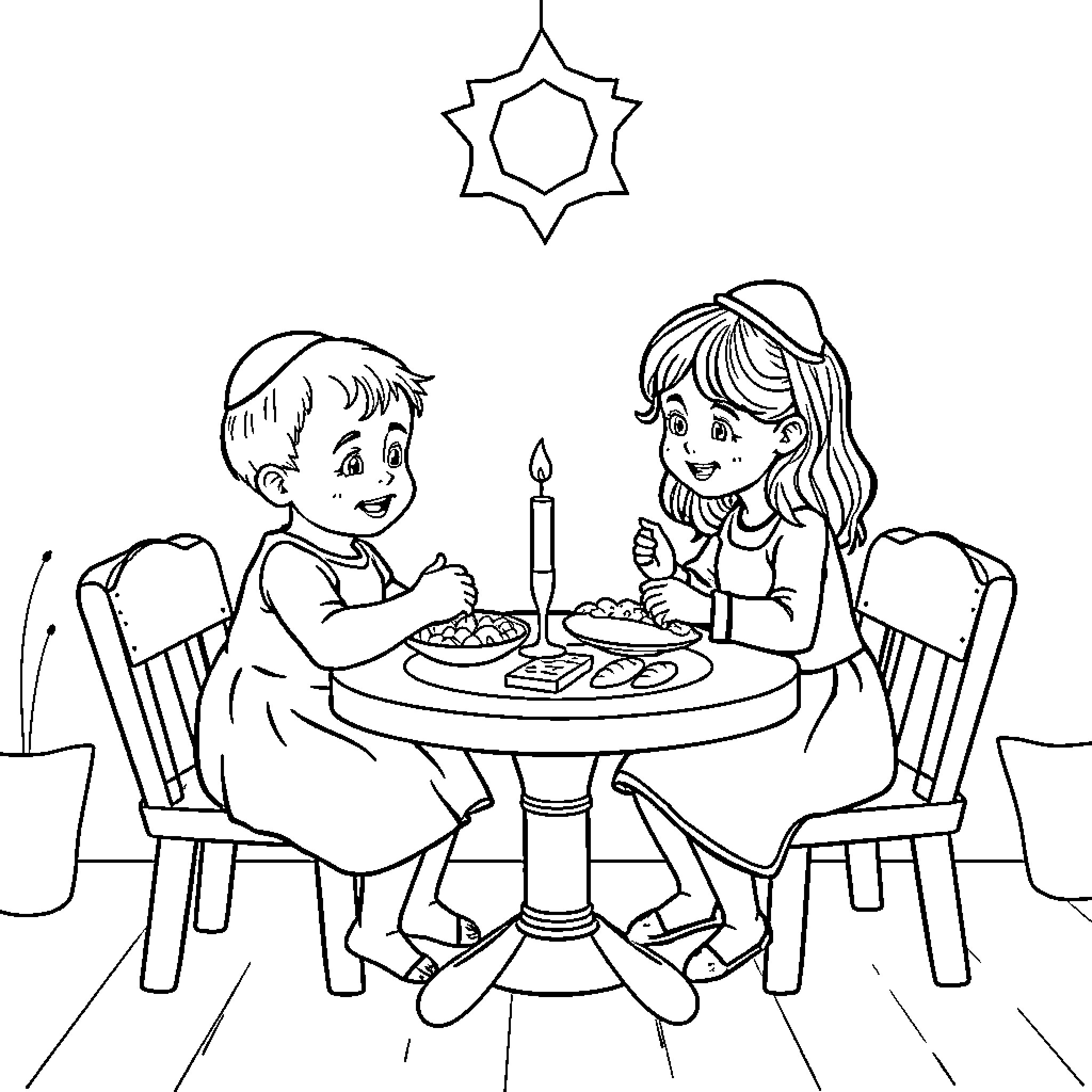 Sister Siblings Enjoy Family Meal Together Coloring Page (free black-and-white line drawing printable PDF for all, from beginners to advanced learners, including children, teens, adults, and seniors)