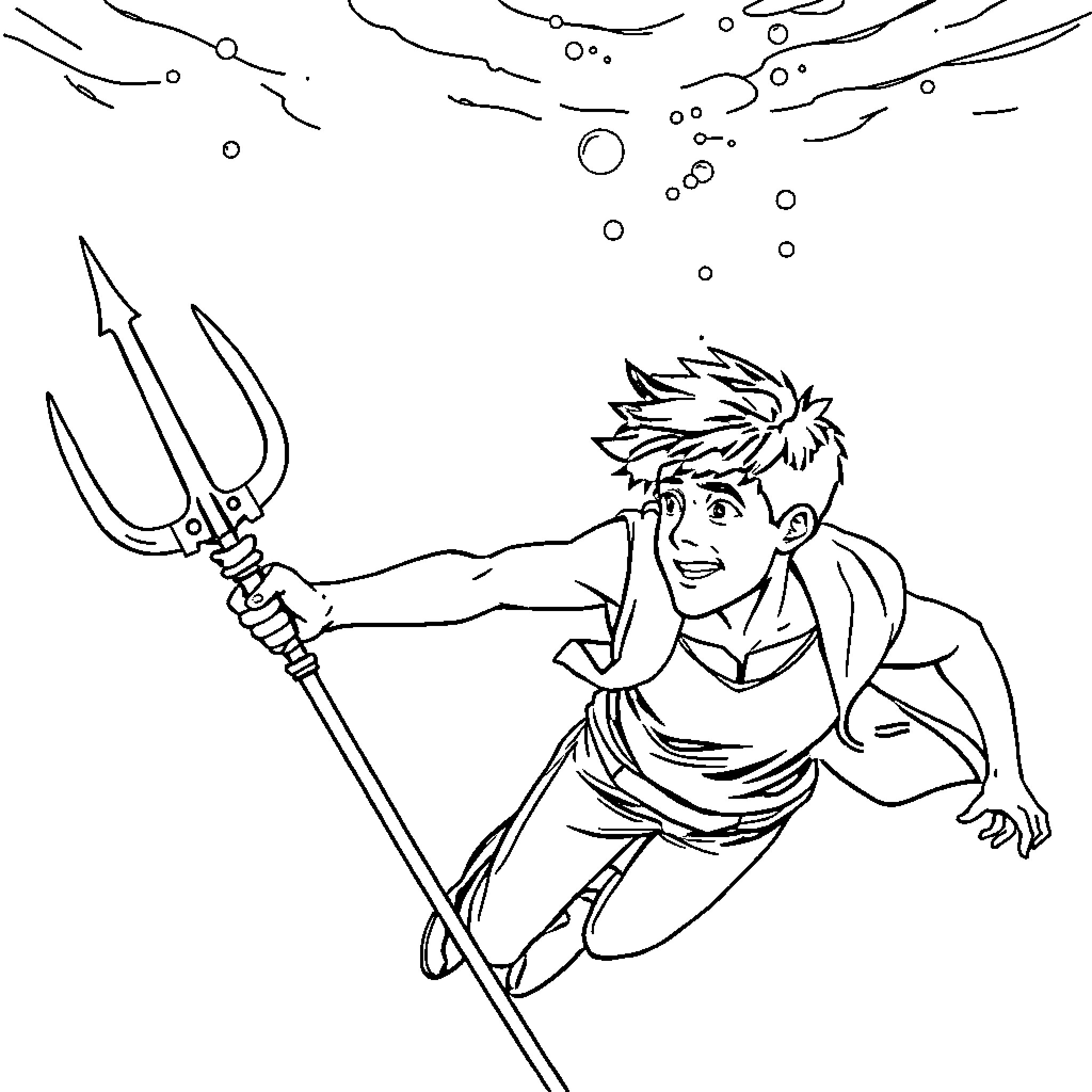 Percy Jackson wielding trident underwater Coloring Page (free black-and-white line drawing printable PDF for all, from beginners to advanced learners, including children, teens, adults, and seniors)