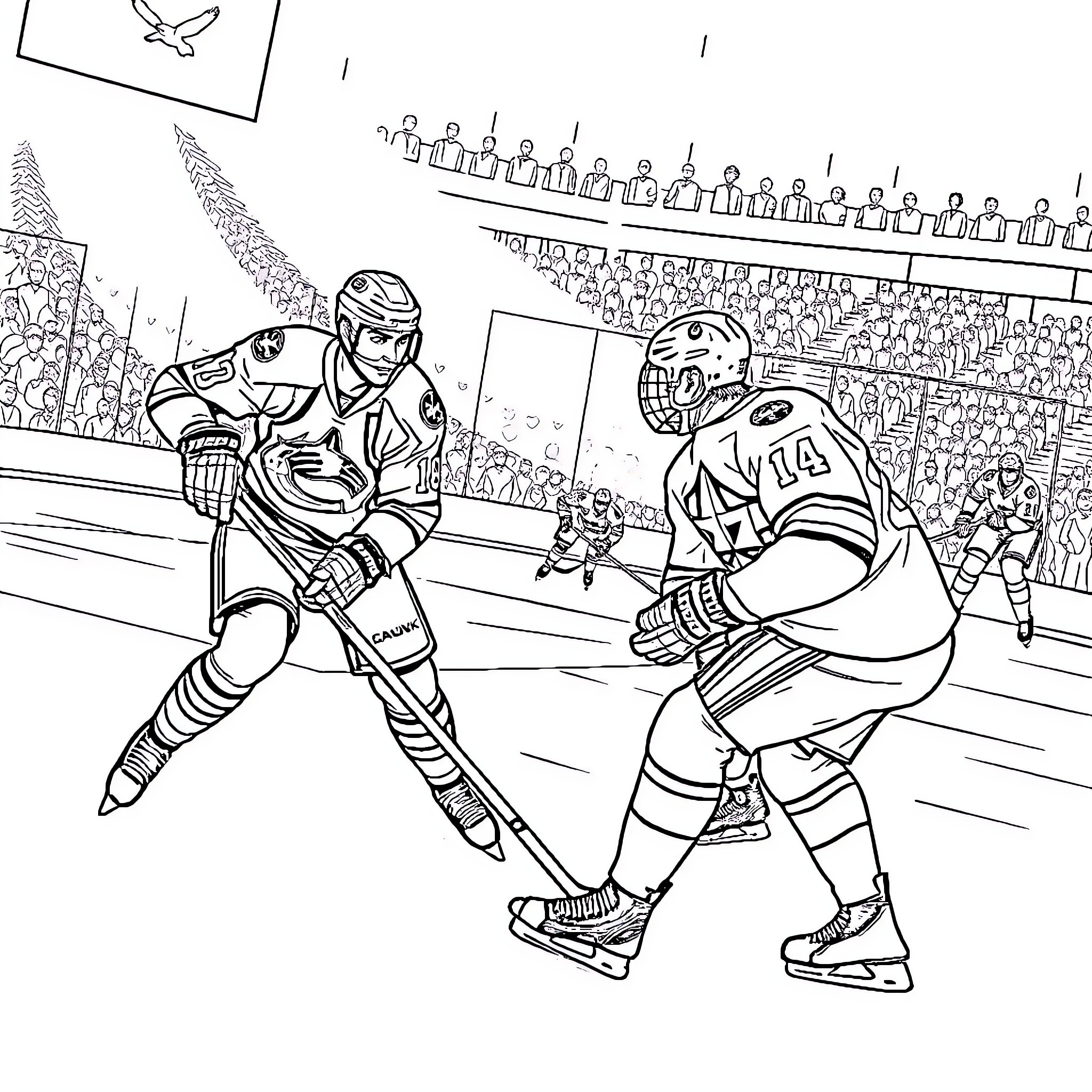 Hockey players competing intensely on the ice rink Coloring Page (free black-and-white line drawing printable PDF for all, from beginners to advanced learners, including children, teens, adults, and seniors)