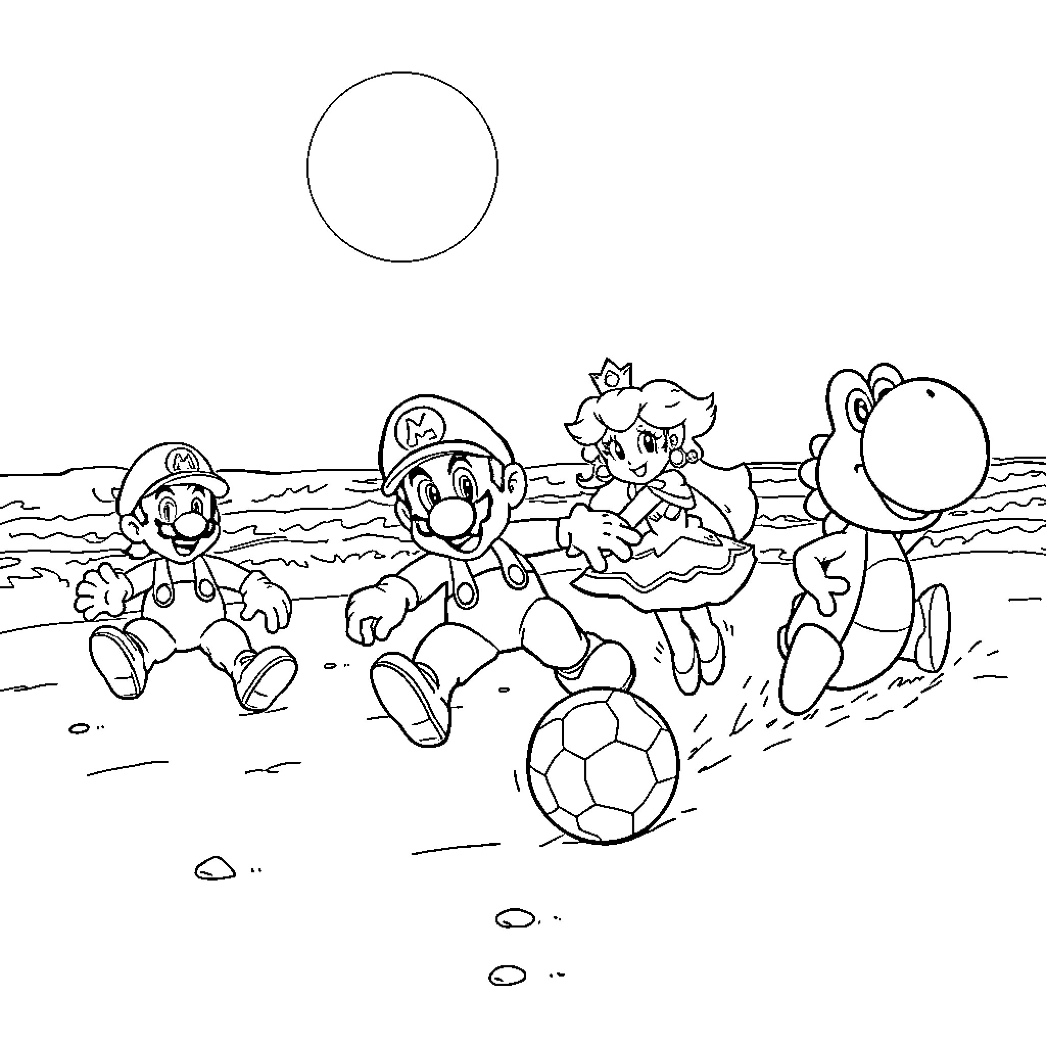 Mario and Friends Playing Soccer on the Beach Coloring Page (free black-and-white line drawing printable PDF for all, from beginners to advanced learners, including children, teens, adults, and seniors)