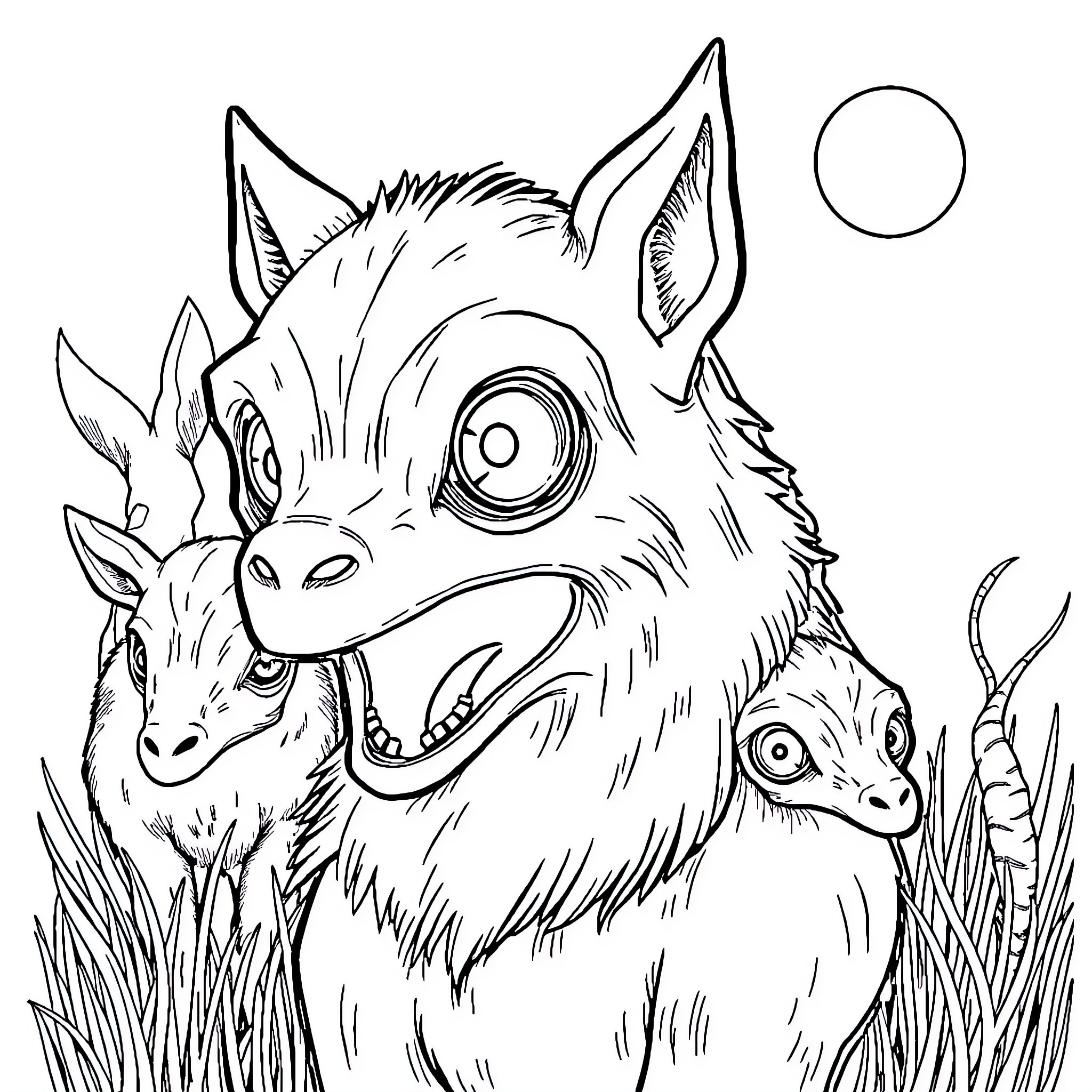 Animal comical creatures gazing in the wild Coloring Page (free black-and-white line drawing printable PDF for all, from beginners to advanced learners, including children, teens, adults, and seniors)