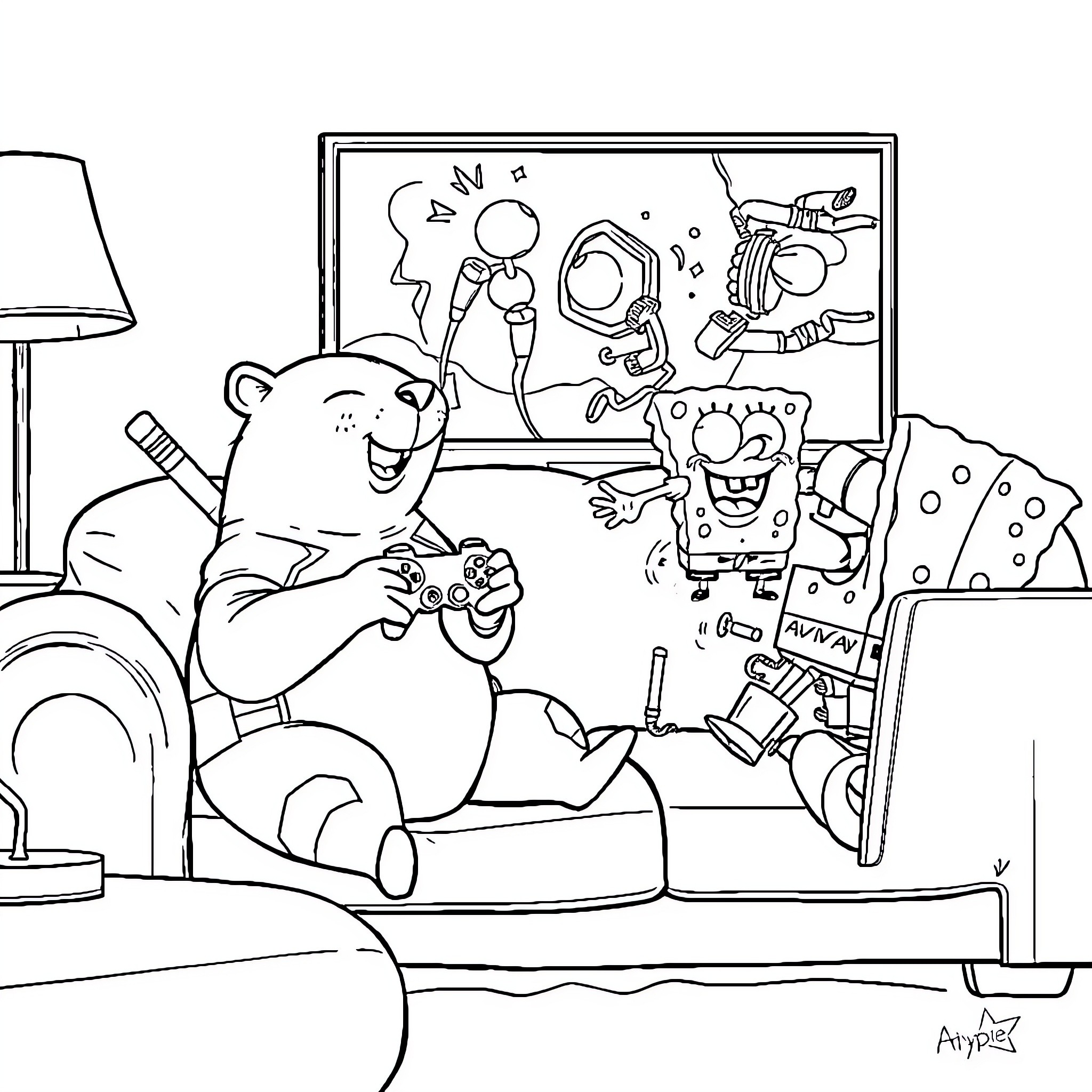 Capybara enjoying video games with robot friends Coloring Page (free black-and-white line drawing printable PDF for all, from beginners to advanced learners, including children, teens, adults, and seniors)