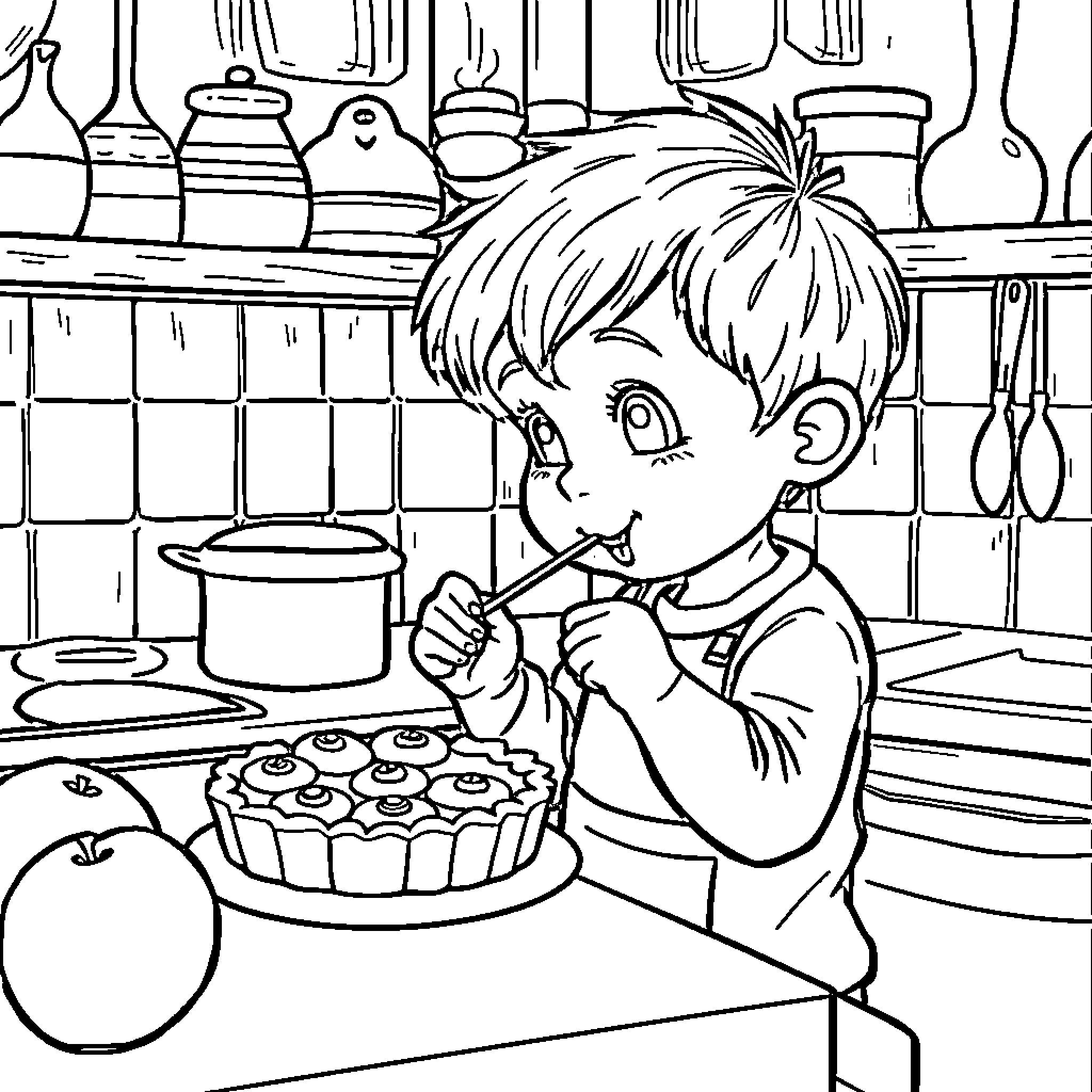 Niño Baking Cookies in the Kitchen Coloring Page (free black-and-white line drawing printable PDF for all, from beginners to advanced learners, including children, teens, adults, and seniors)