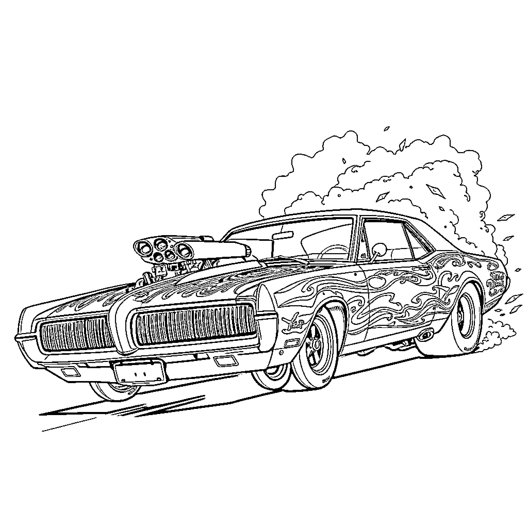 Mercury Cougar racing with flames and smoke Coloring Page (free black-and-white line drawing printable PDF for all, from beginners to advanced learners, including children, teens, adults, and seniors)