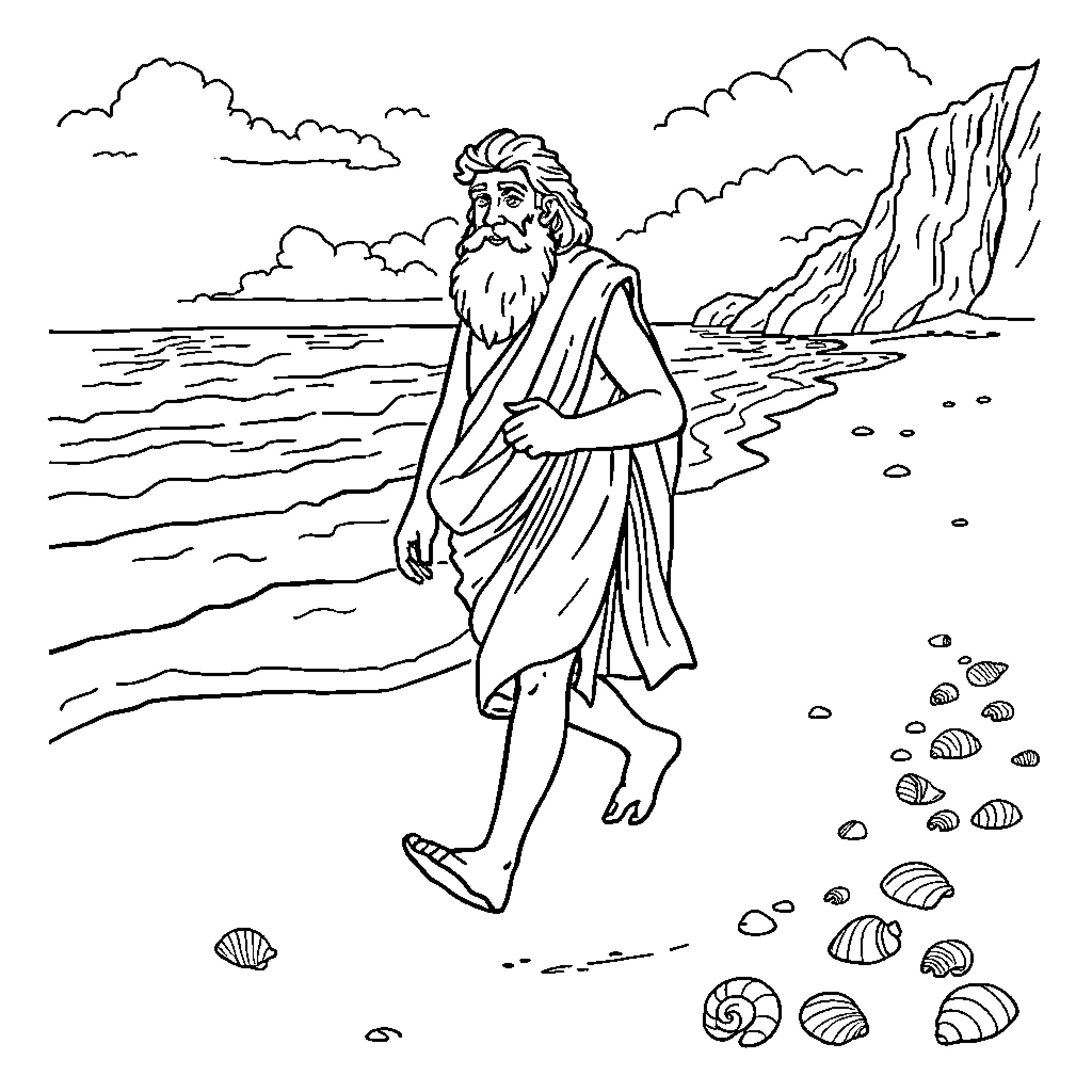 Aesop's Seaside Adventure Coloring Page (free black-and-white line drawing printable PDF for all, from beginners to advanced learners, including children, teens, adults, and seniors)