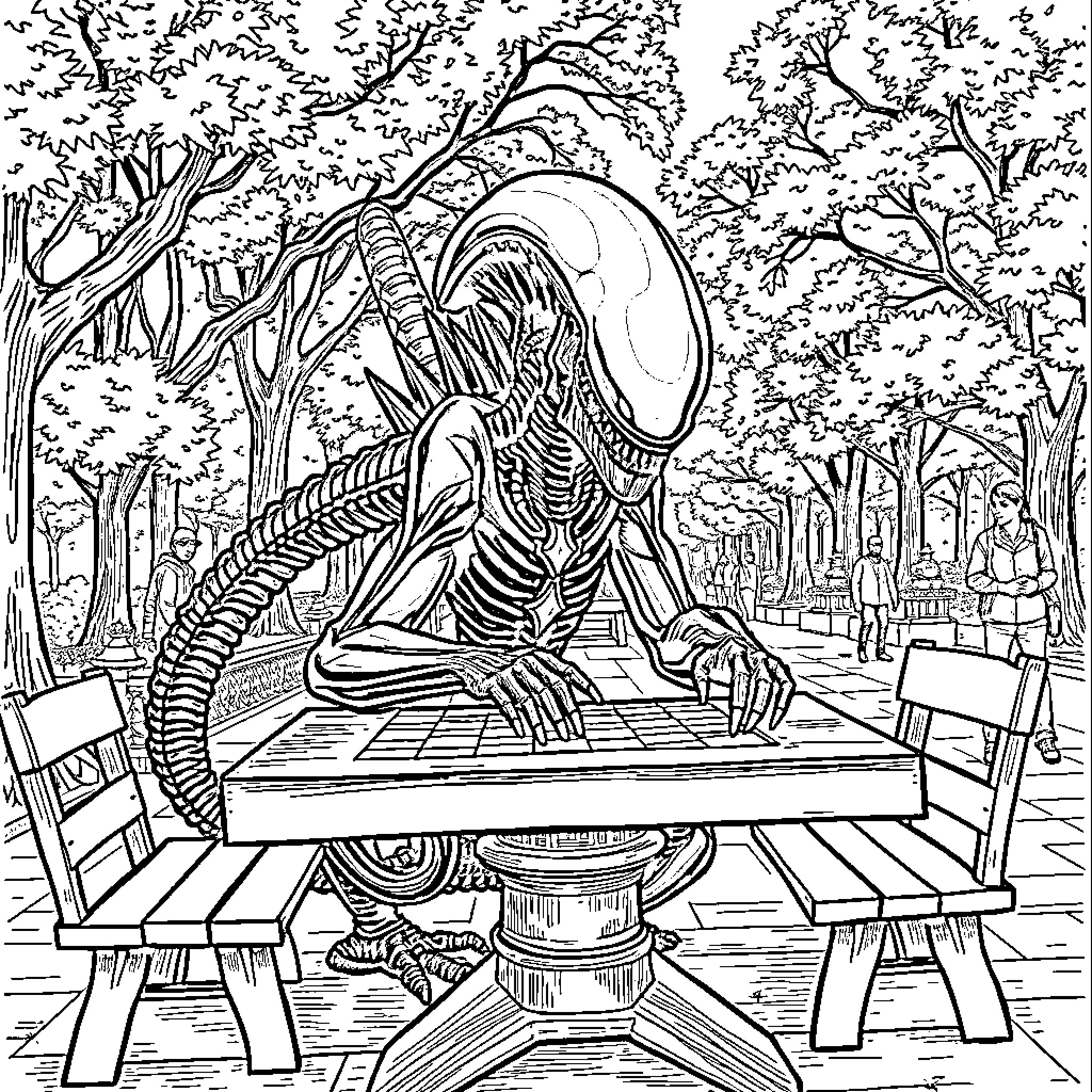 Xenomorph Creature Lurking in Park Coloring Page (free black-and-white line drawing printable PDF for all, from beginners to advanced learners, including children, teens, adults, and seniors)