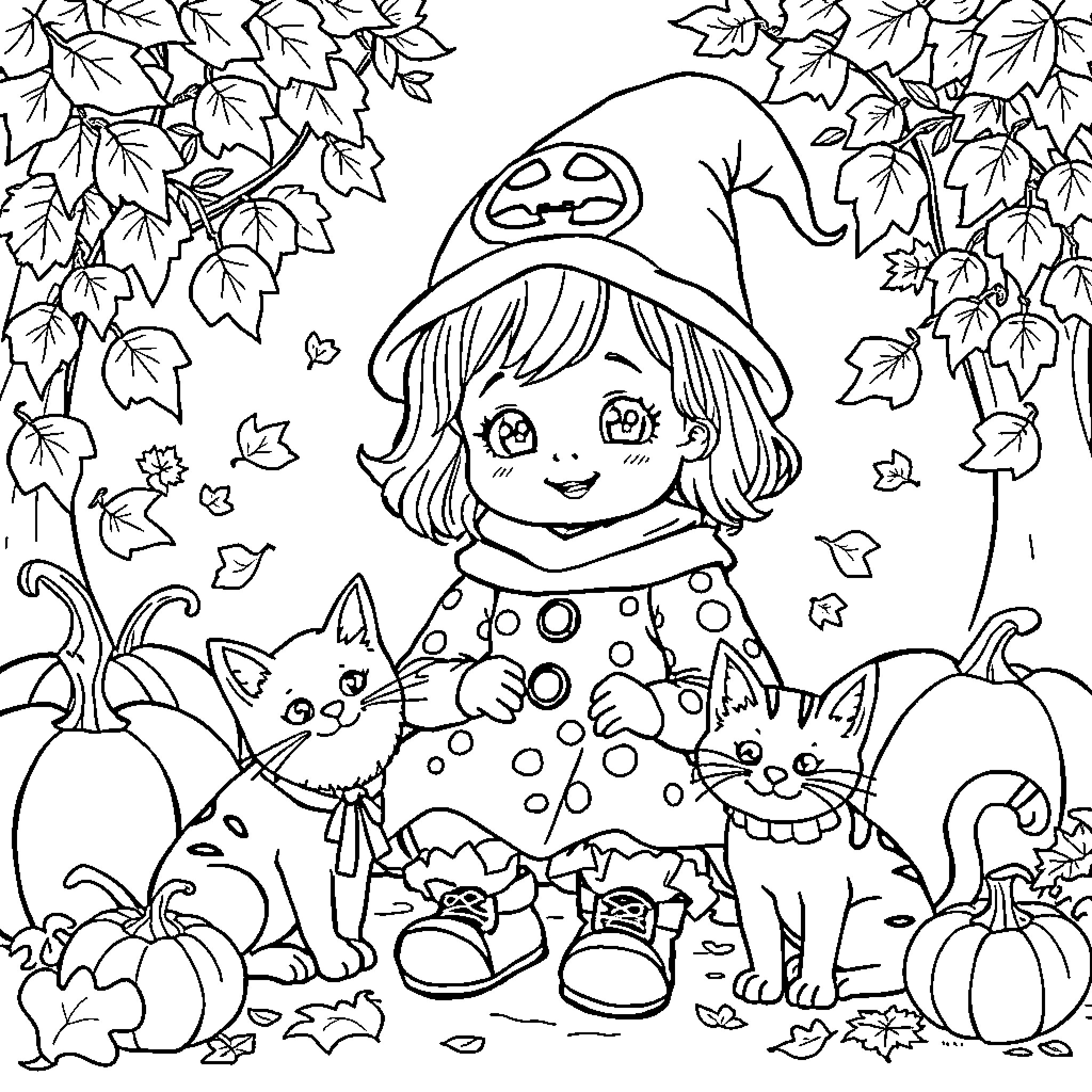 Cat and girl in autumn scene Coloring Page (free black-and-white line drawing printable PDF for all, from beginners to advanced learners, including children, teens, adults, and seniors)