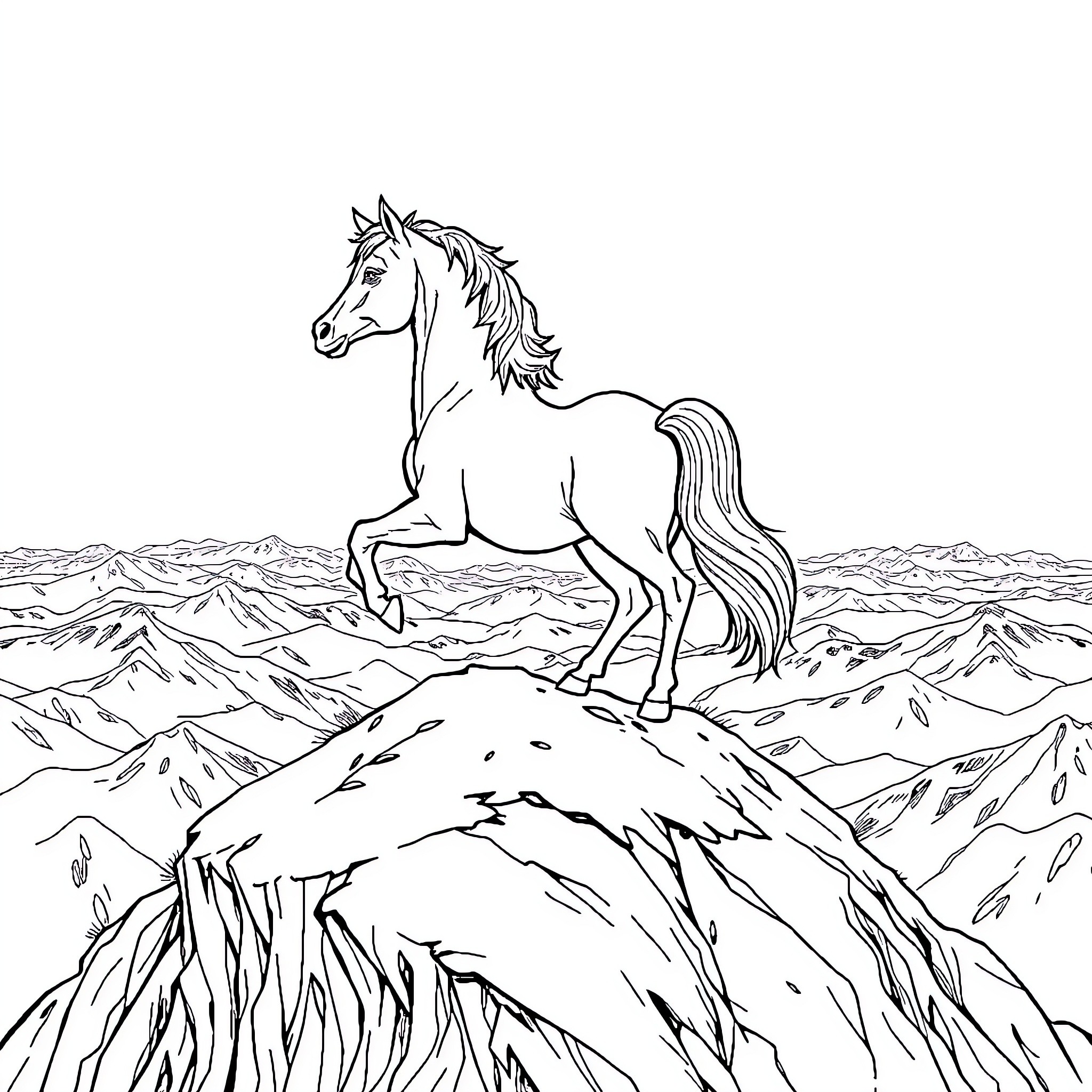 Caballo galloping through rugged mountain terrain Coloring Page (free black-and-white line drawing printable PDF for all, from beginners to advanced learners, including children, teens, adults, and seniors)