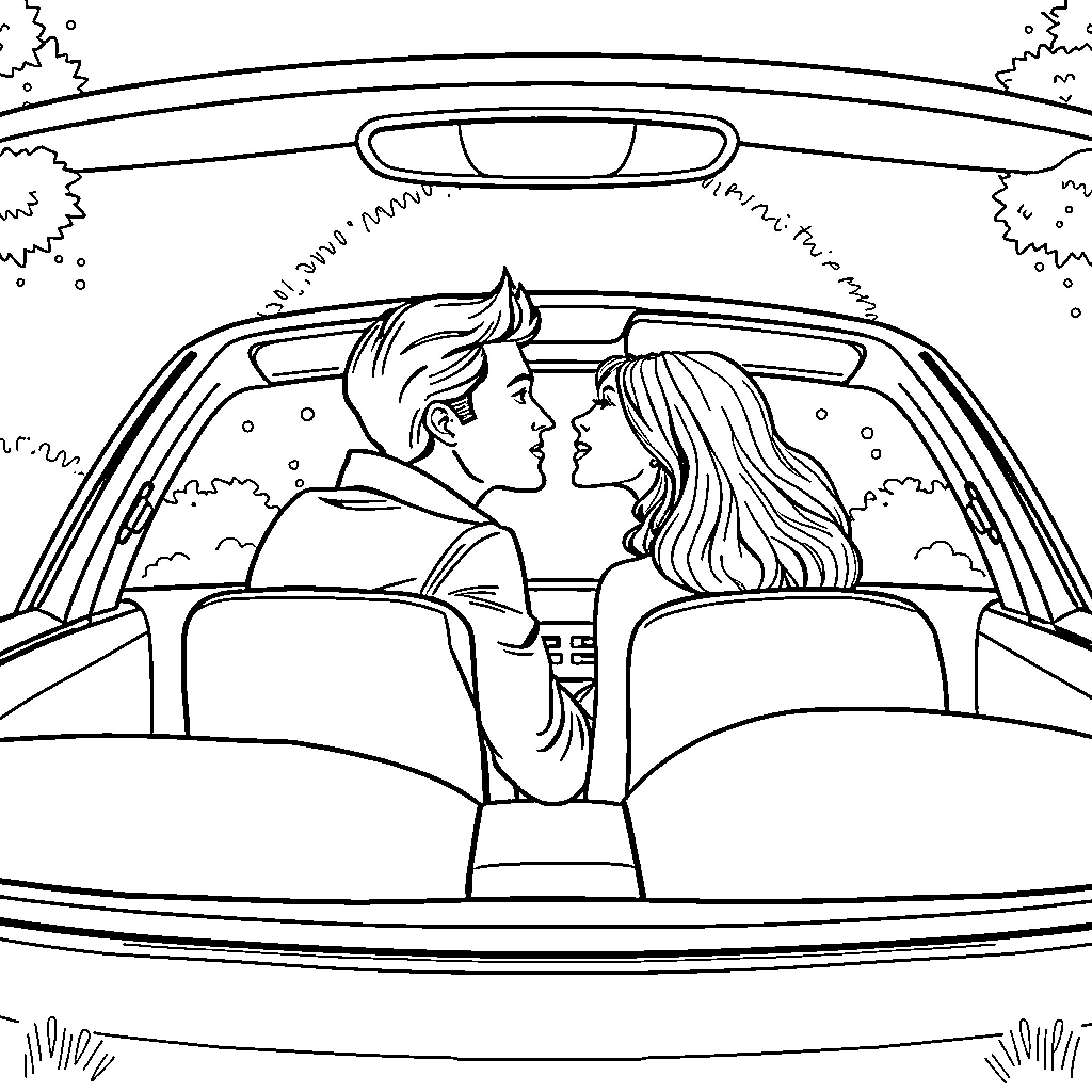 Car Couple in Intimate Conversation Coloring Page (free black-and-white line drawing printable PDF for all, from beginners to advanced learners, including children, teens, adults, and seniors)