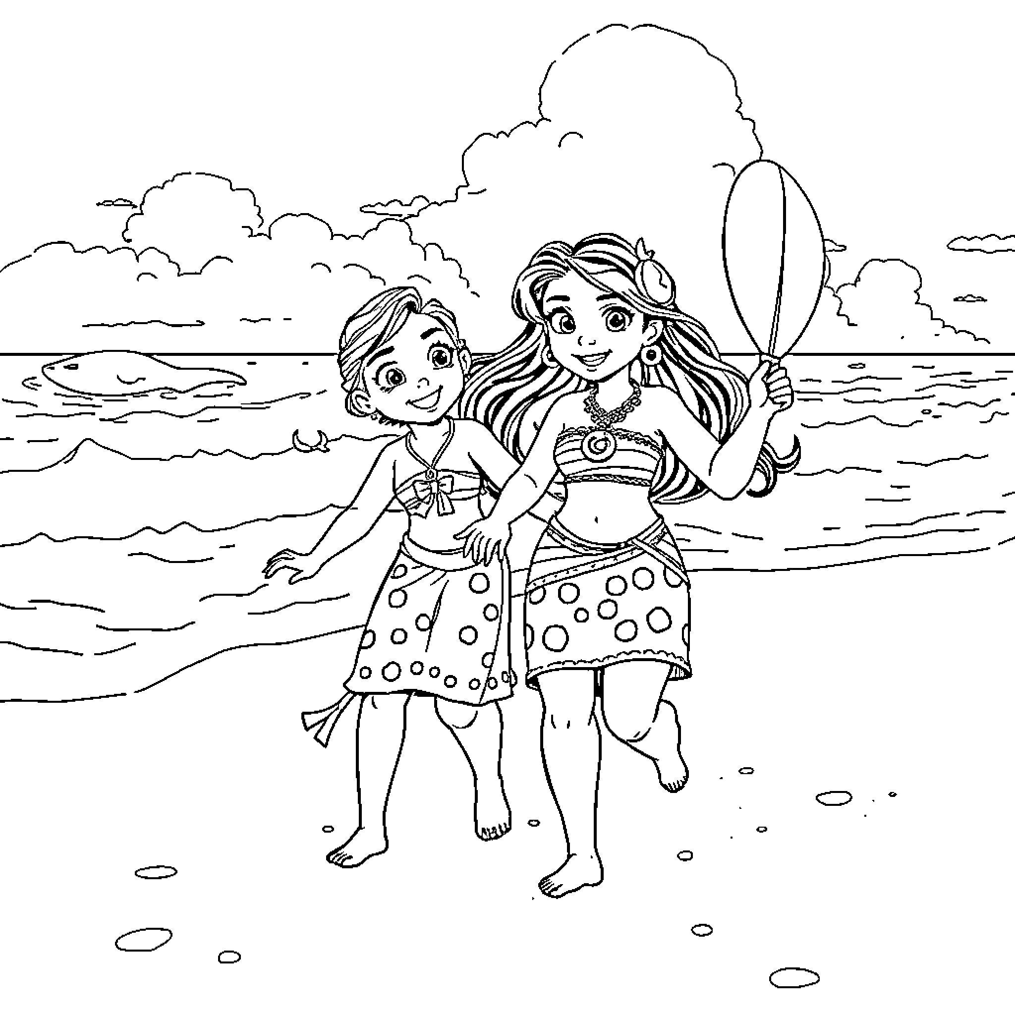 Kuromi and friends enjoying a beach day Coloring Page (free black-and-white line drawing printable PDF for all, from beginners to advanced learners, including children, teens, adults, and seniors)