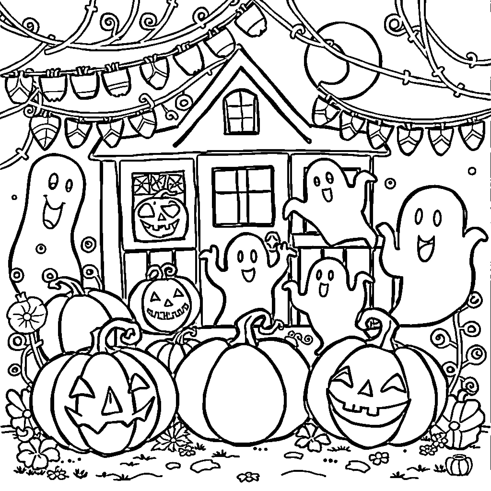 Halloween scene with haunted house and jack-o'-lanterns Coloring Page (free black-and-white line drawing printable PDF for all, from beginners to advanced learners, including children, teens, adults, and seniors)