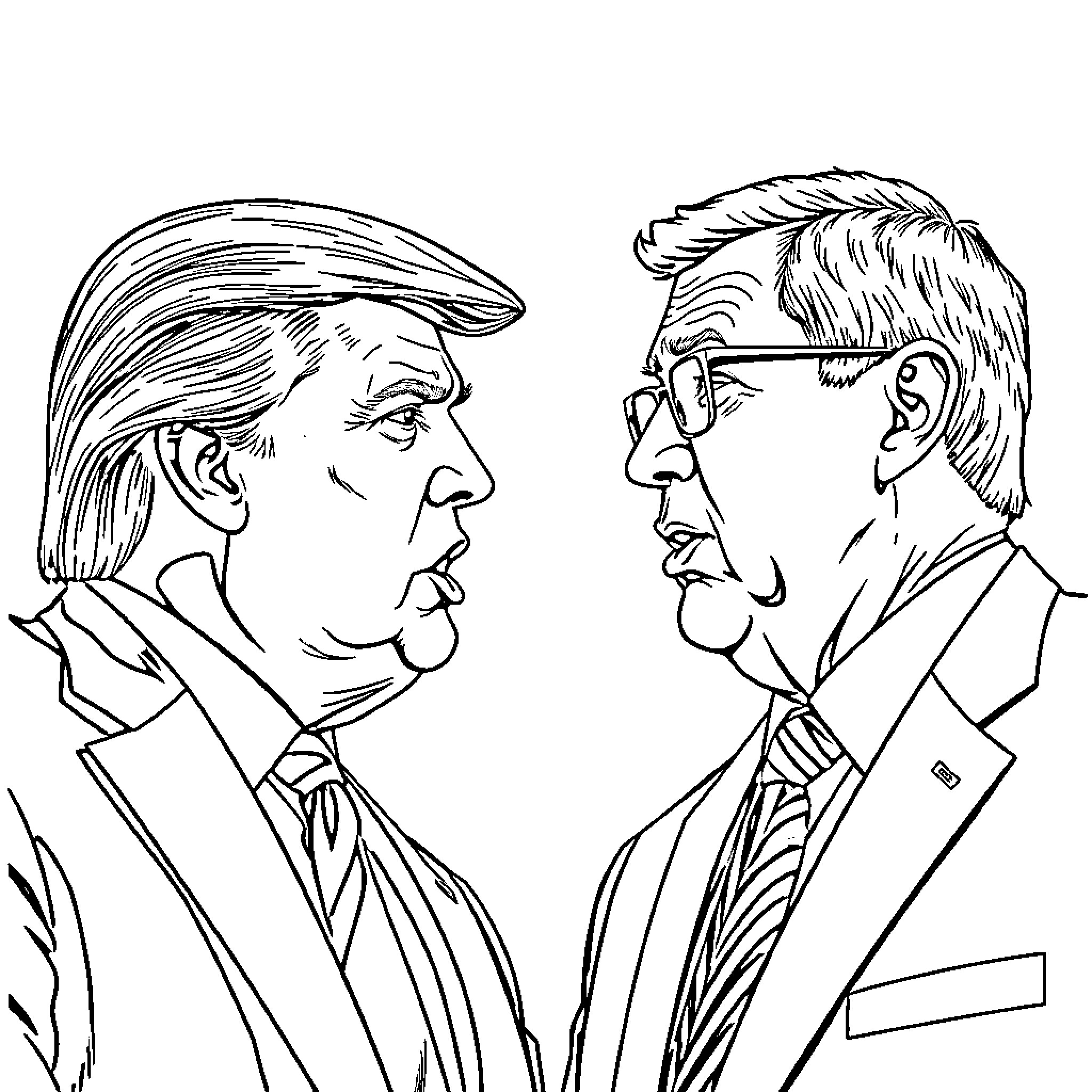 Donald Trump and Bill Gates in Animated Conversation Coloring Page (free black-and-white line drawing printable PDF for all, from beginners to advanced learners, including children, teens, adults, and seniors)