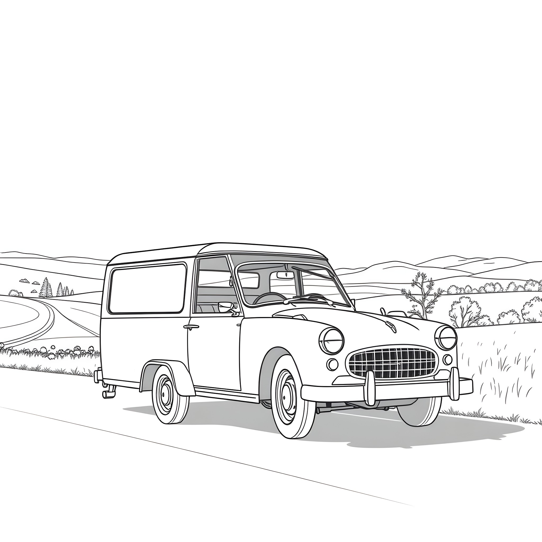 Classic Car Driving Through Countryside Landscape Coloring Page (free black-and-white line drawing printable PDF for all, from beginners to advanced learners, including children, teens, adults, and seniors)