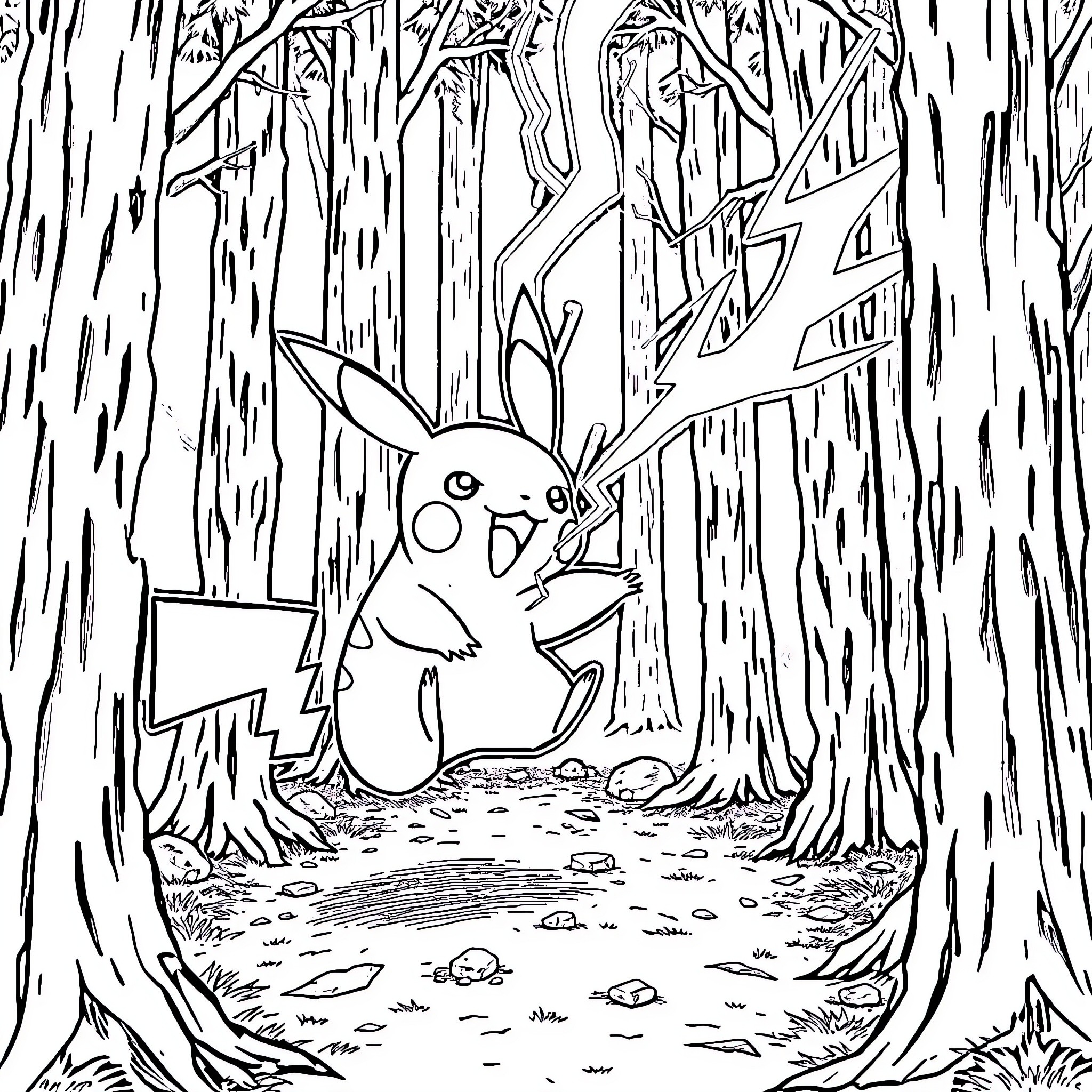 Pikachu exploring the enchanted forest Coloring Page (free black-and-white line drawing printable PDF for all, from beginners to advanced learners, including children, teens, adults, and seniors)