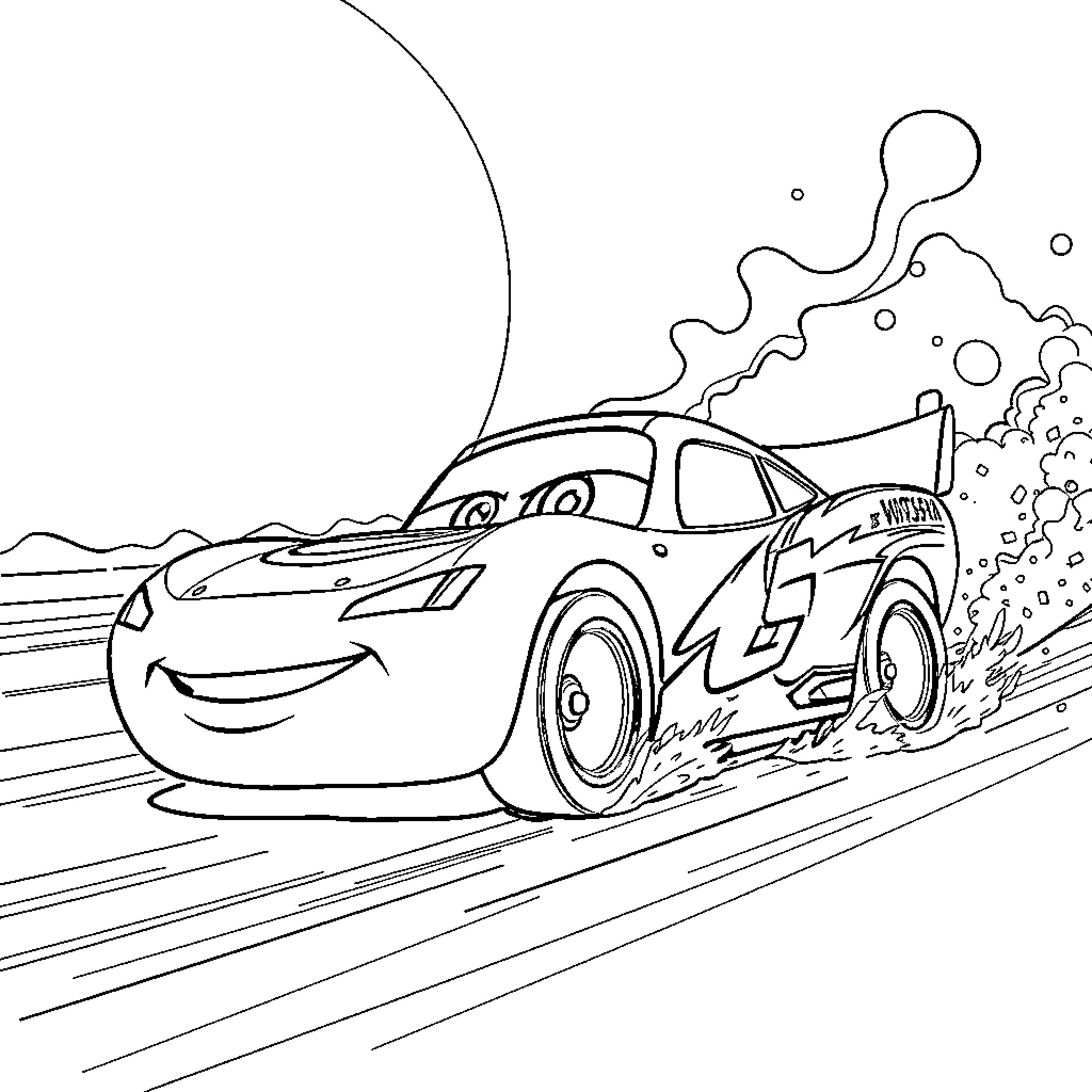 Lightning McQueen Racing with Excitement Coloring Page (free black-and-white line drawing printable PDF for all, from beginners to advanced learners, including children, teens, adults, and seniors)