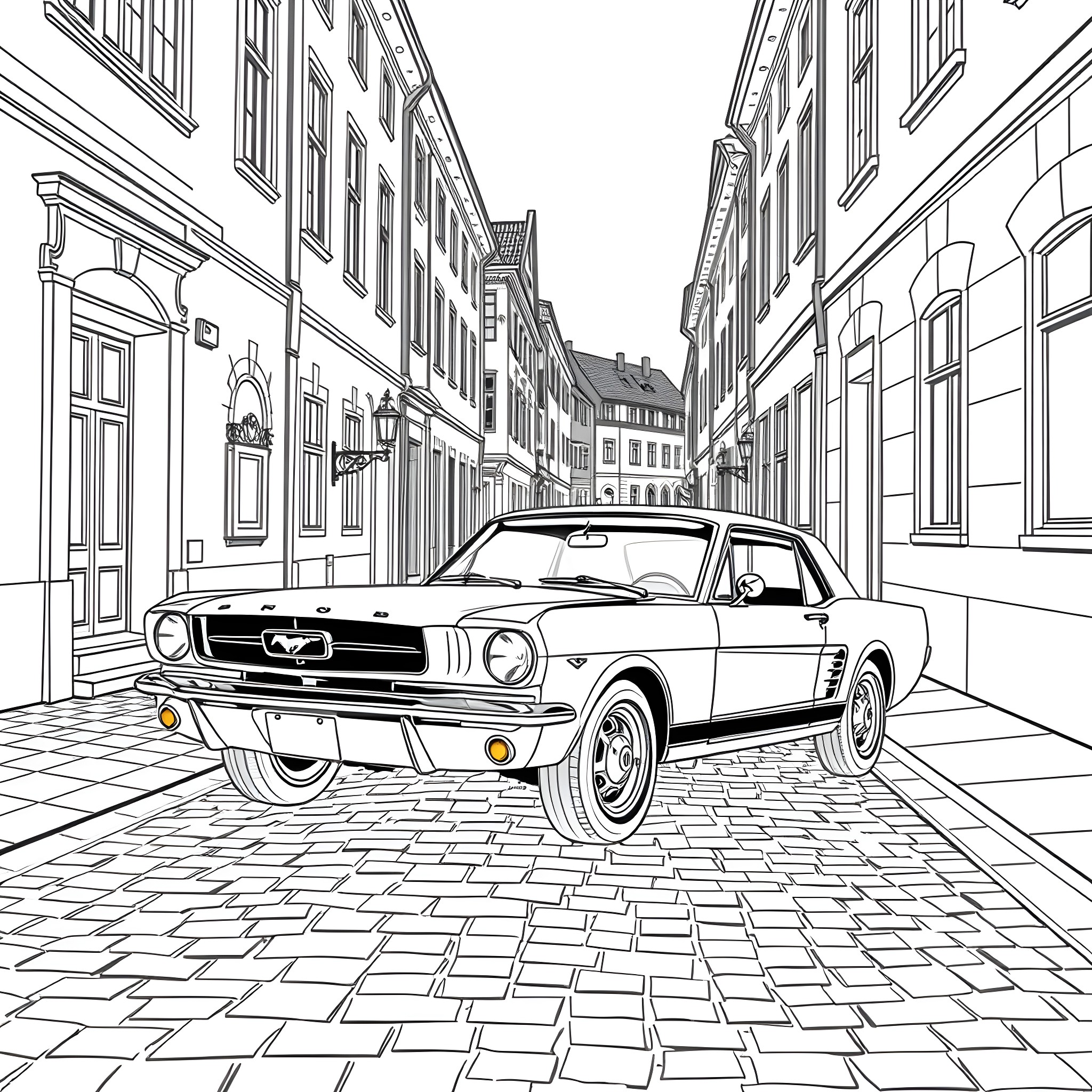 Ford Mustang classic car on cobblestone street Coloring Page (free black-and-white line drawing printable PDF for all, from beginners to advanced learners, including children, teens, adults, and seniors)