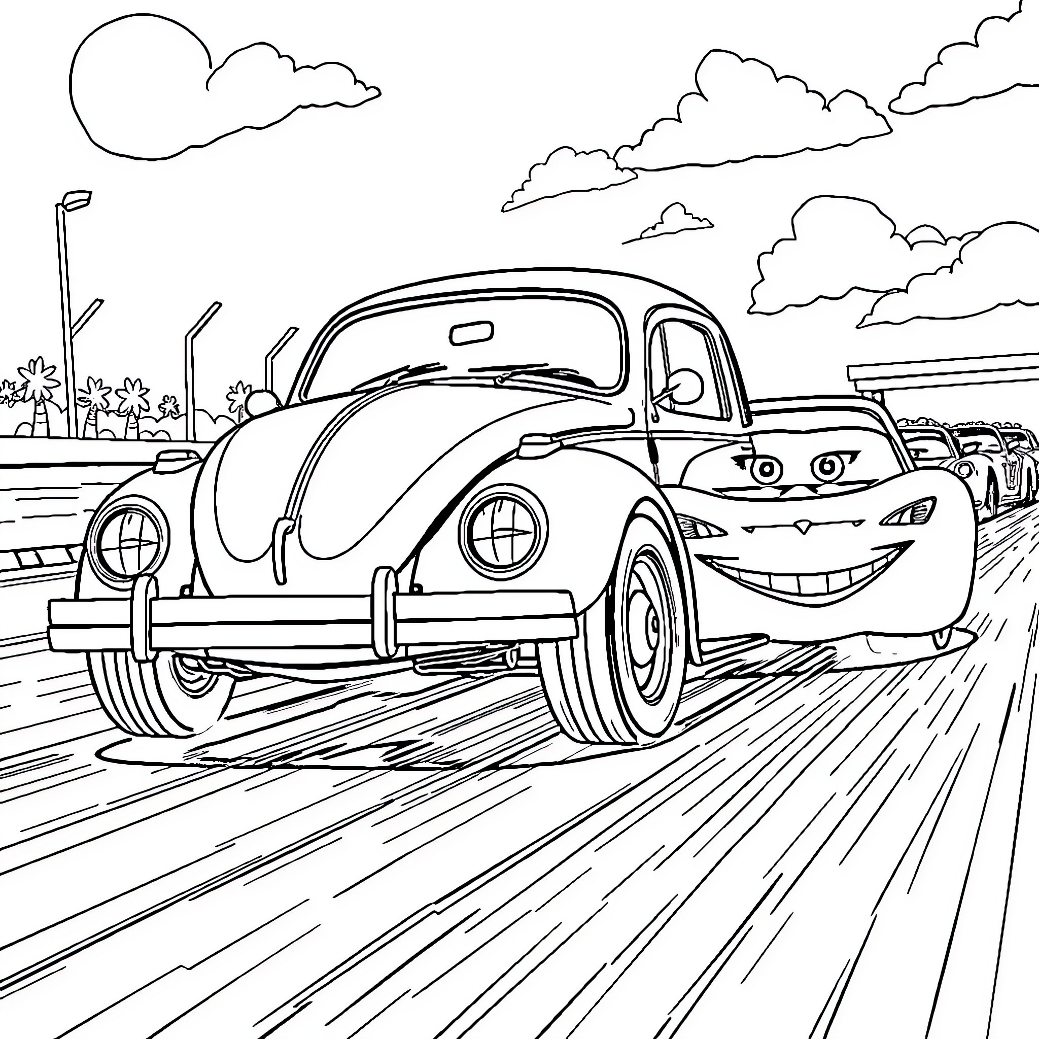 Car driving happily on the road Coloring Page (free black-and-white line drawing printable PDF for all, from beginners to advanced learners, including children, teens, adults, and seniors)