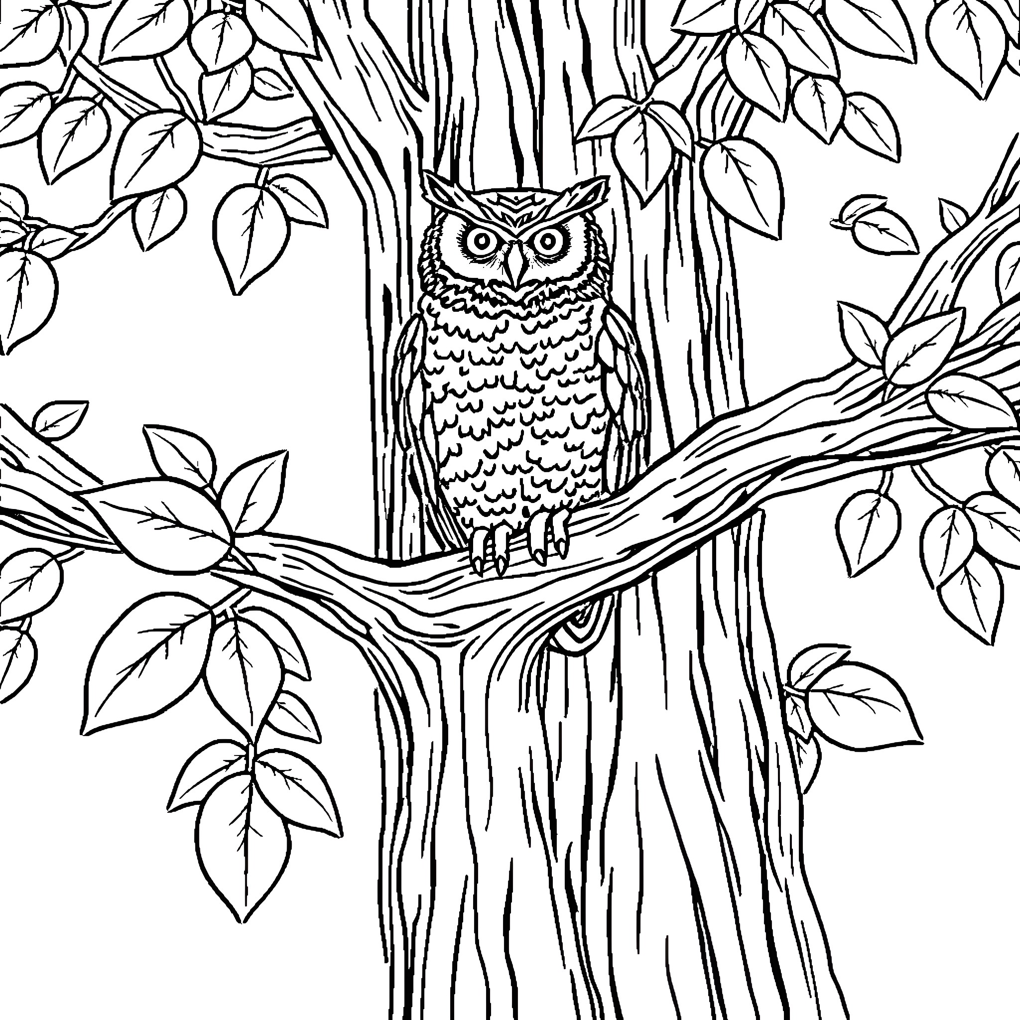 Owl perching on tree branch in forest Coloring Page (free black-and-white line drawing printable PDF for all, from beginners to advanced learners, including children, teens, adults, and seniors)